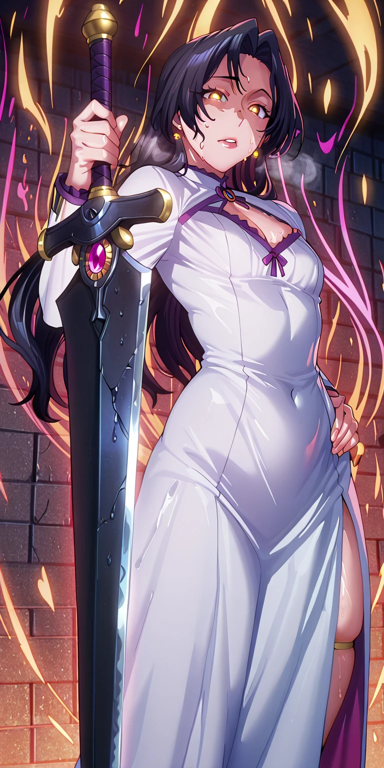 anime coloring, anime screencap, anime-style detailed background, vignetting, masterpiece, high quality, absurdres, best quality, very aesthetic, newest, dynamic composition, anatomical correct, HD, 4K, digital art, trending on ArtStation, perfect body, perfect eyes, perfect fingers, gasping, heavy breathing, excessive sweating, sweating, sweating profusely, gasping profusely, cinematic, ((skindentation)), ((curvy)), dominique de sade, long hair, black hair, curtained hair, ((small breasts)), yellow eyes, ((black pupils)), plump, 1girl, breasts, weapon, solo, sword, earrings, jewelry, hand_on_hip, holding_weapon, looking_at_viewer, cleavage, holding, pelvic_curtain, holding_sword, lips, dress, standing, science_fiction, glowing eyes, glowing effect, (aura:1.1), black aura, purple aura, yellow aura, brick wall, crack wall,