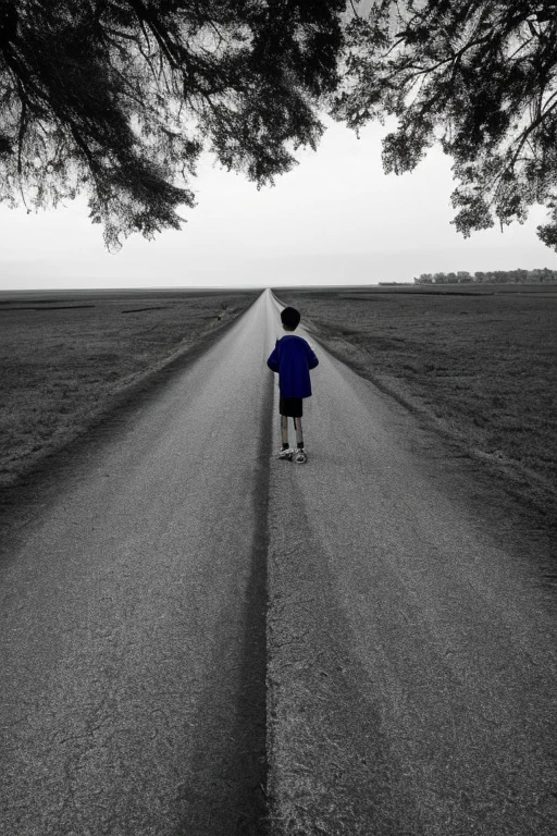 A boy chasing dreams from back side in black and white