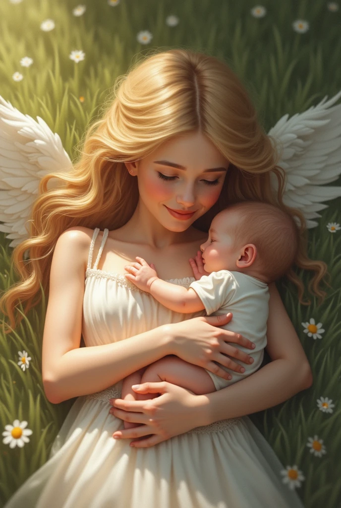 drawn drawing, in the style of illustration Beautiful angel, light eyes, halo overhead, smile, child in the grass