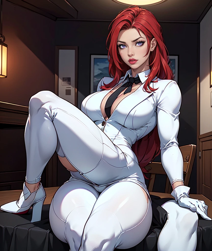 Masterpiece, Beautiful art, professional artist, 8k, art style by sciamano240, Very detailed face, Detailed clothing, detailed fabric, 1 girl , whole body, distant view, asleep, big breasts, lying on a bed, View from above, perfectly drawn body, beautiful face, long dark crimson hair, Closed eyes, pink cheeks, glasses, choker:1.6, (long sleeve white collar buttoned shirt), black gloves covering your hands, (shiny black leggings), Sensual Lips , winter night, , looking at the viewer,