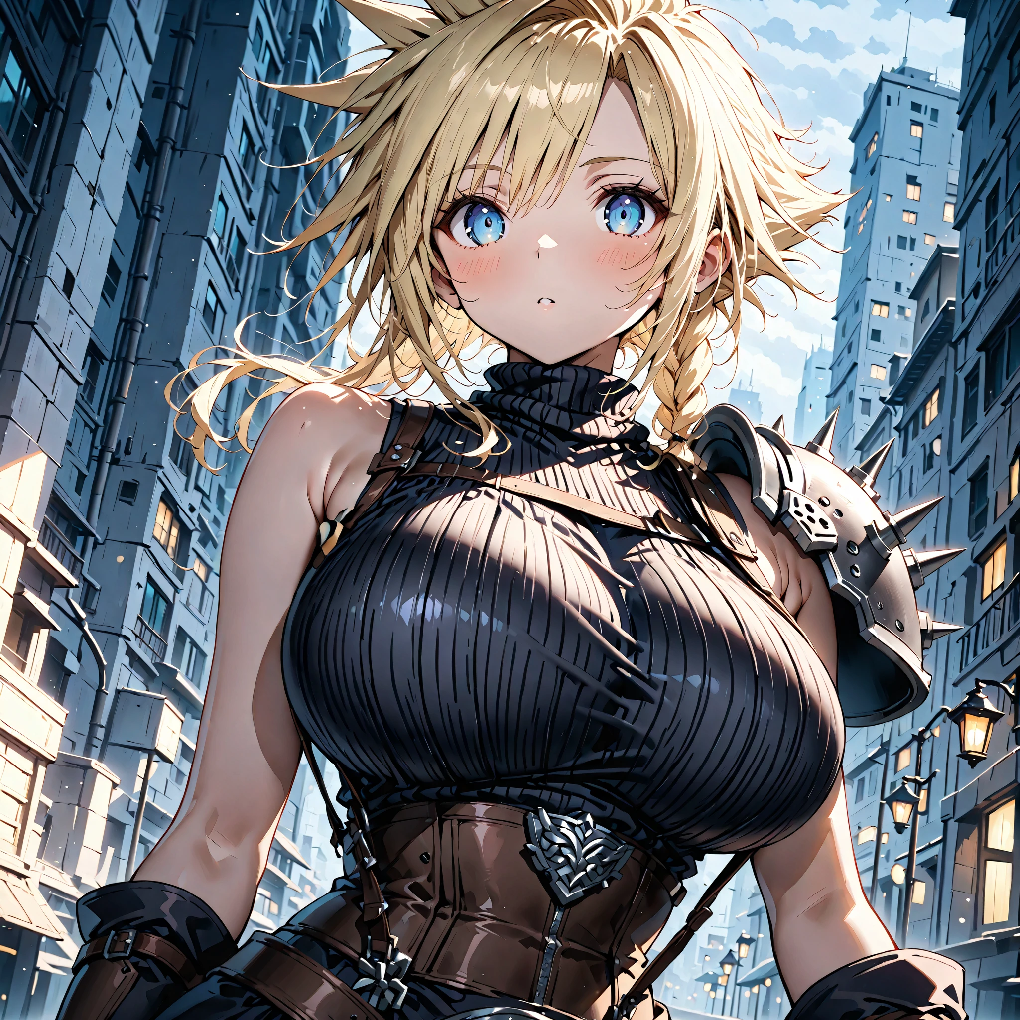1girl, short haired blonde, blue eyes, beautiful detailed eyes, beautiful detailed lips, extremely detailed face and eyes, longeyelashes, large breasts, innocent expression, cute, energic, black coat, action pose, alley background, (best quality,4k,8k,highres,masterpiece:1.2),ultra-detailed,(realistic,photorealistic,photo-realistic:1.37),studio lighting,vivid colors
