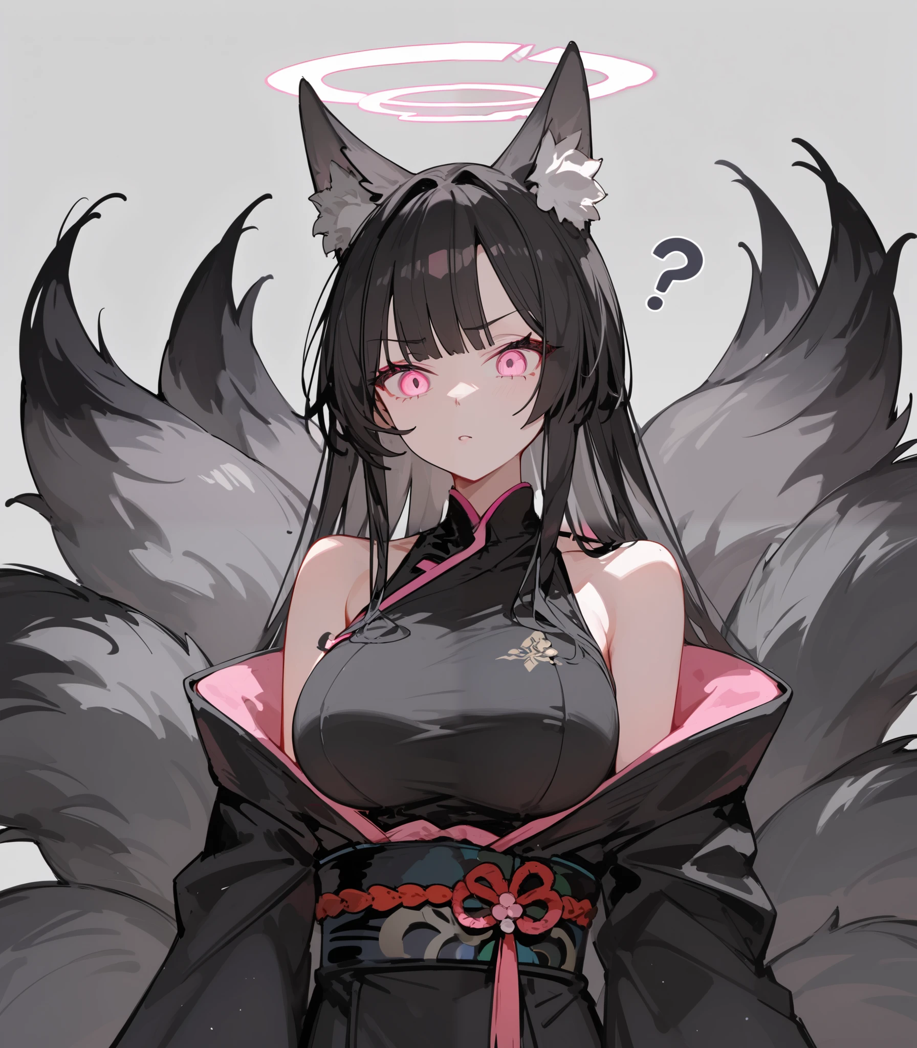 1 person,Gray fur，fox ears，Double tail， black hairยาว,halo,in the empty eye,gray background, white,In pink eyes ,Black tail,, Black Kimono,big breasts, black hair,standing, Slim legs,upper body shape, Black Sleeveless Top, robe ,long sleeve kimono,Confused