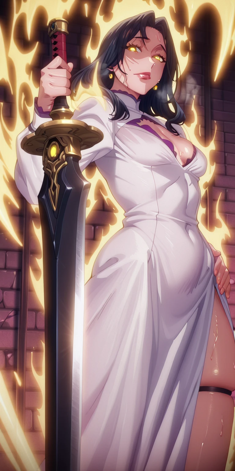 anime coloring, anime screencap, anime-style detailed background, vignetting, masterpiece, high quality, absurdres, best quality, very aesthetic, newest, dynamic composition, anatomical correct, HD, 4K, digital art, trending on ArtStation, ((anatomical correct)), perfect body, perfect eyes, perfect fingers, gasping, heavy breathing, excessive sweating, sweating, sweating profusely, gasping profusely, cinematic, ((skindentation)), ((curvy)), dominique de sade, long hair, black hair, curtained hair, ((small breasts)), yellow eyes, ((black pupils)), plump, 1girl, breasts, weapon, solo, sword, earrings, jewelry, hand_on_hip, holding_weapon, looking_at_viewer, cleavage, holding, pelvic_curtain, holding_sword, lips, dress, standing, science_fiction, glowing eyes, glowing effect, (aura:1.1), black aura, purple aura, yellow aura, brick wall, crack wall,