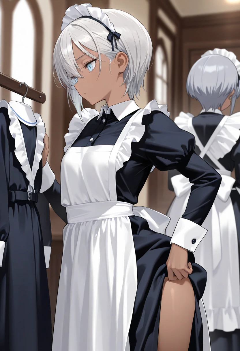 ( masterpiece, top quality)，slender ，Maid，short hair，Gray Hair， small ，light blue eyes，dark skin ，navy blue and white maid clothes， changing clothes