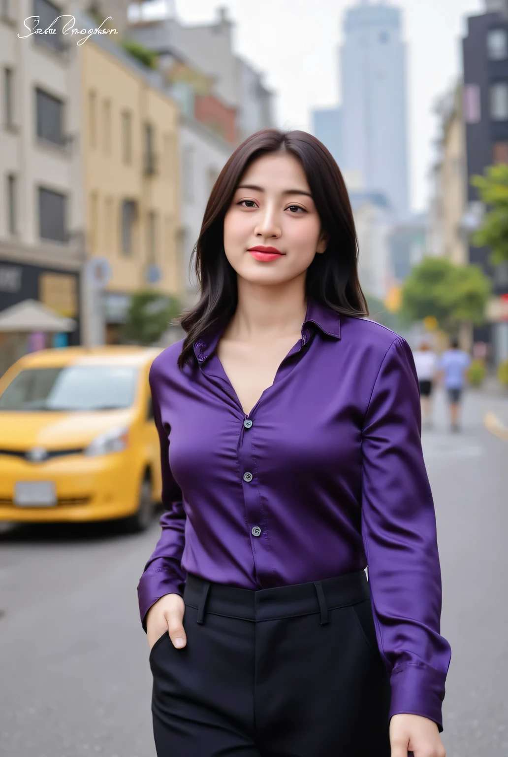 a beautiful woman, walking in the middle of the city, use long muslim jumpsuit in purple satin material, black cotton trousers , big , red lips, black hair