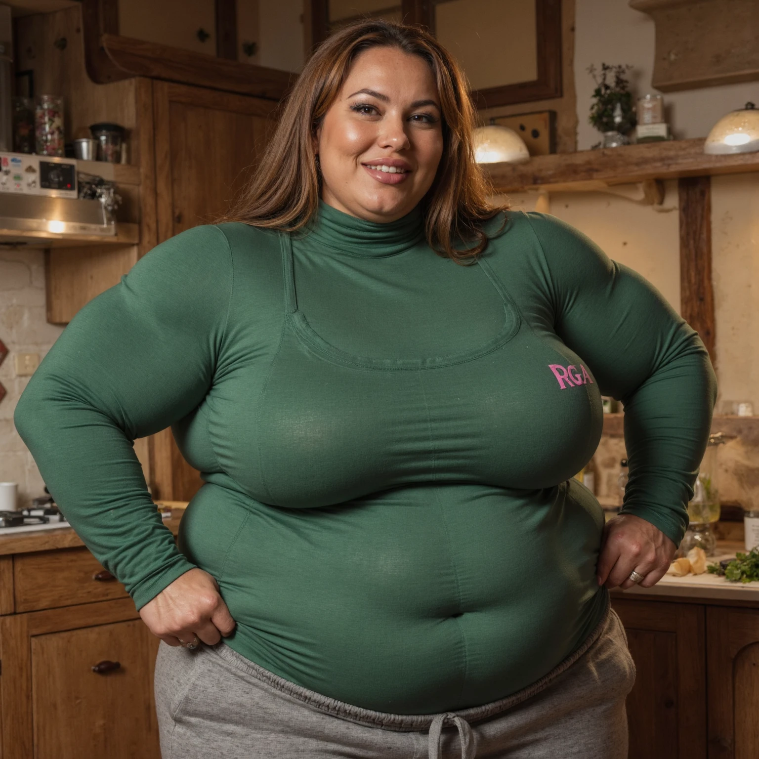 European middle-aged cleanser man Obese Wear glasses Very obese Round ugly Old Rough skin chubby belly overflowing, bald looking stupid very big in the kitchen hair a little long on the sides, Bikini top and leggings pink very pink arms very very skinny kitchen brick looking stupid bald in lingerie very feminine