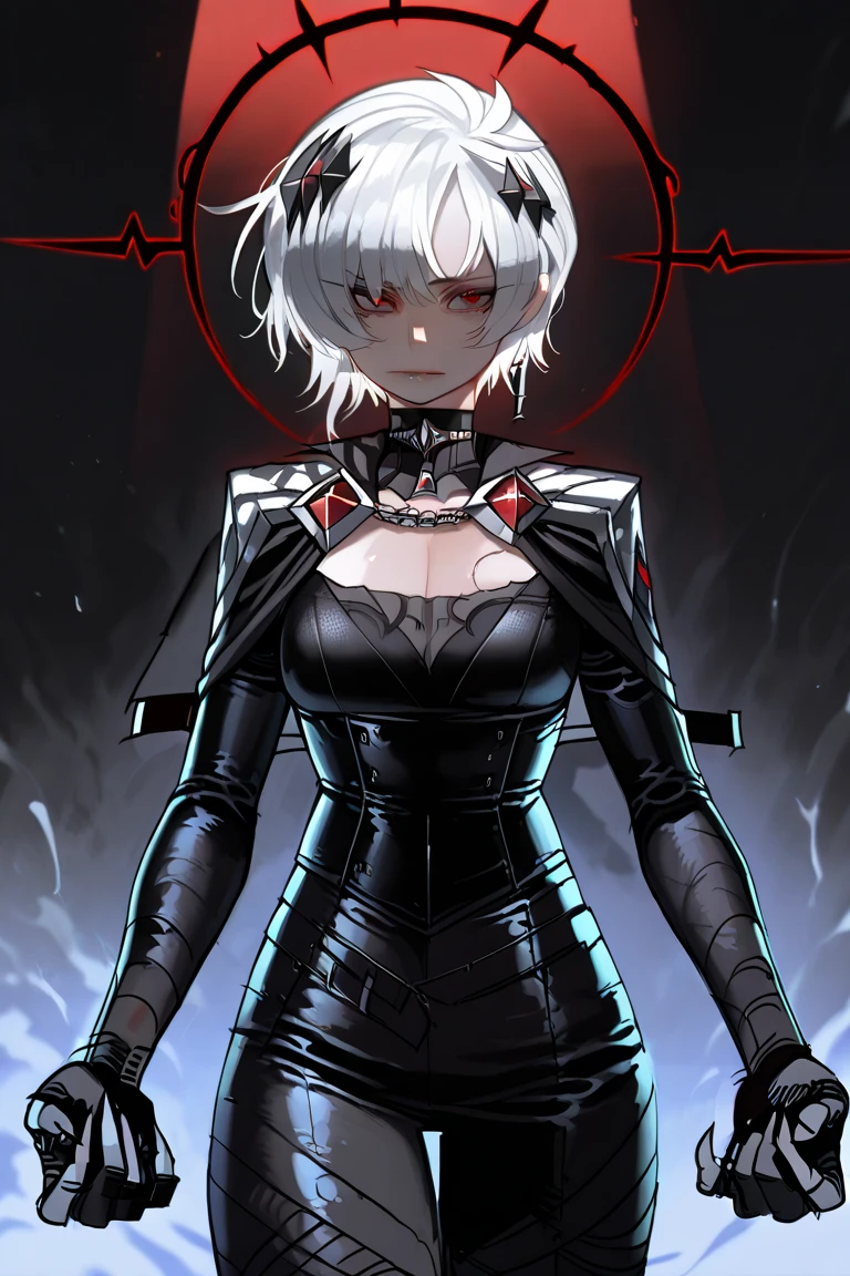 Anime girl with long silver hair, combed in a slightly disordered way and with an asymmetric fringe that frames her face. Her red eyes reflect a cold and somewhat threatening look. She wears a tight black outfit, with a neckline and straps that cross the neck like a choker, wearing geometric details or diamonds on the fabric.
On or near her arms, , you can see dark gloves with long claws and a shady look, providing a sinister gothic air. The background is dark gray or black, highlighting the contrast between her light hair, dark clothes and red eyes. The lighting is soft but dramatic, emphasizing the facial features and the mysterious atmosphere. The illustration style is characterized by detailed shading, with realistic touches on her skin and hair, and a high-quality digital finish. (anime girl, long silver hair, red eyes, black gothic outfit, dark aesthetic, gloves with claws, dramatic lighting, High detail, Digital Painting, pixiv trending, Artstation)