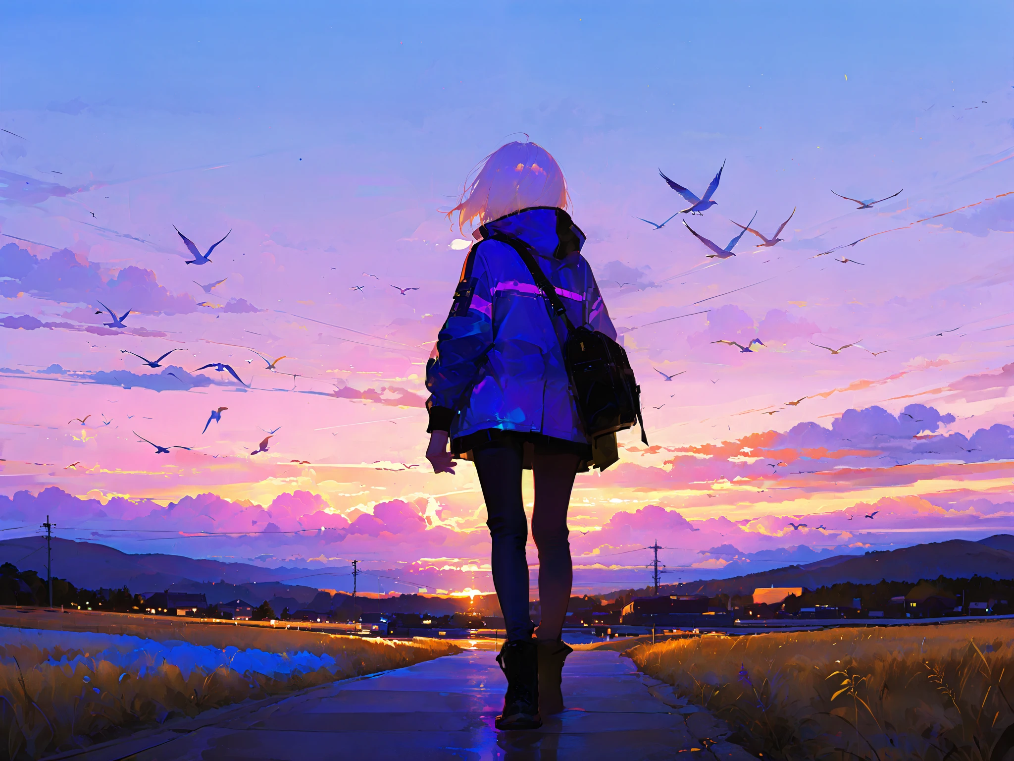 score_9, score_8_up, score_7_up, score_6_up, score_5_up, score_4_up,
BREAK
(masterpiece: 1.0), best quality, perfect anatomy, perfect composition, perfection, 4k resolution, absurdres, very aesthetic, professional artwork, absolutely beautiful, HDR, 8K, high contrast, masterpiece, best quality, amazing quality, very aesthetic, traditional paint artstyle, realistic, newest, aniwall, anime, aesthetic, 8k wallpaper, detailed. purple, blue and golden colors, masterpiece, vibrant colors, digital painting, painterly lighting,
BREAK
1girl, solo, standing on a hill, watching the sky, golden hour, beautiful, absolutely stunning, clouds, birds, bloom lighting, traditional art