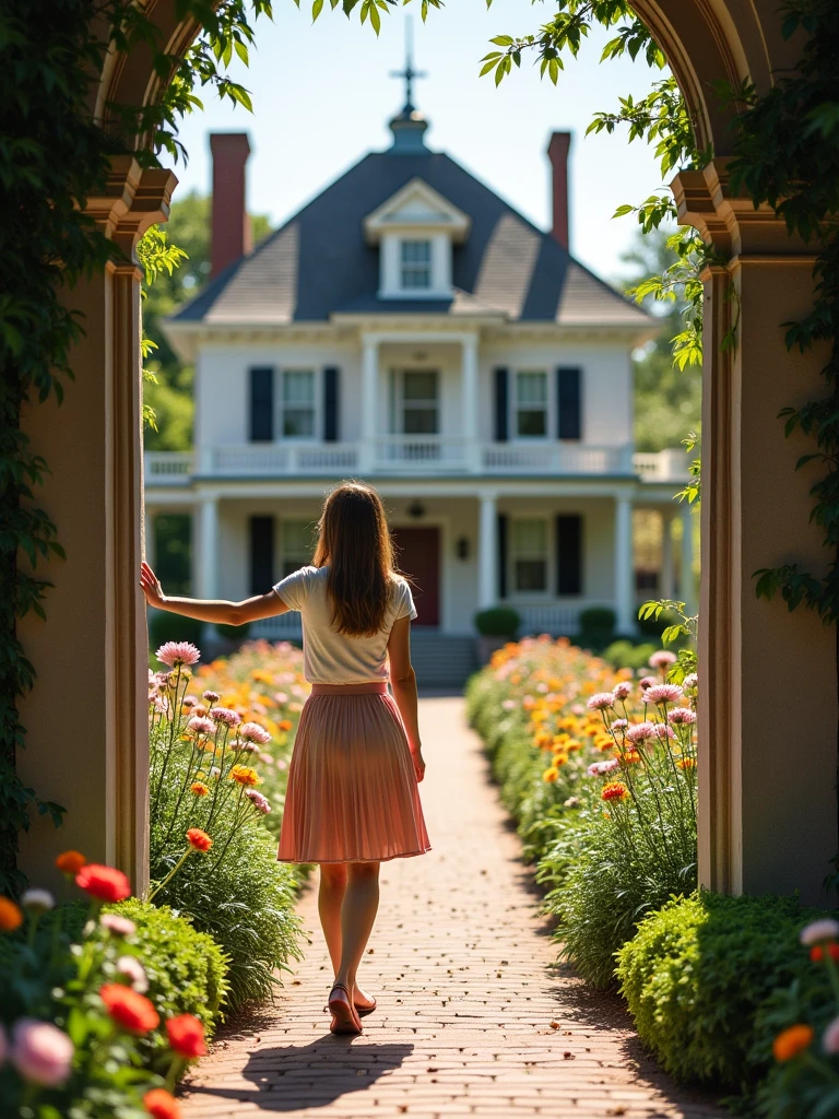 3D quality image . Featured knocking on a door of a beautiful house with flowers. A man in fact is a woman in a pleated skirt and blouse, Flat shoes. high quality. 4K. award-winning photo.