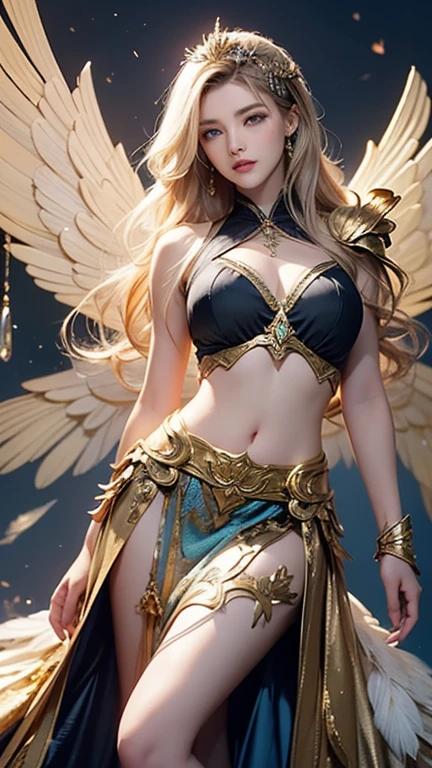 ((high qulity)), ((tmasterpiece)), 8K, ,Long legs,Poseidon dark blue costume,On the surface of the sea,Golden angel wings,glowing in the sunlight,