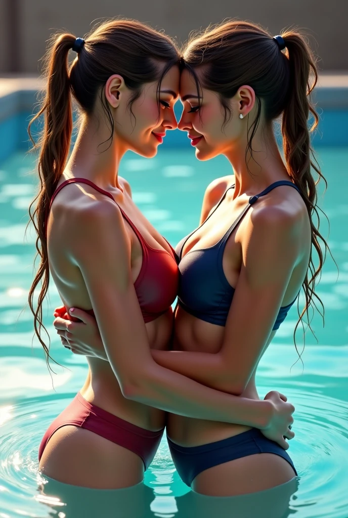2 adolescentes mignonnes maillots de bain kiss dans les vestiaires de la piscine dans un style réaliste