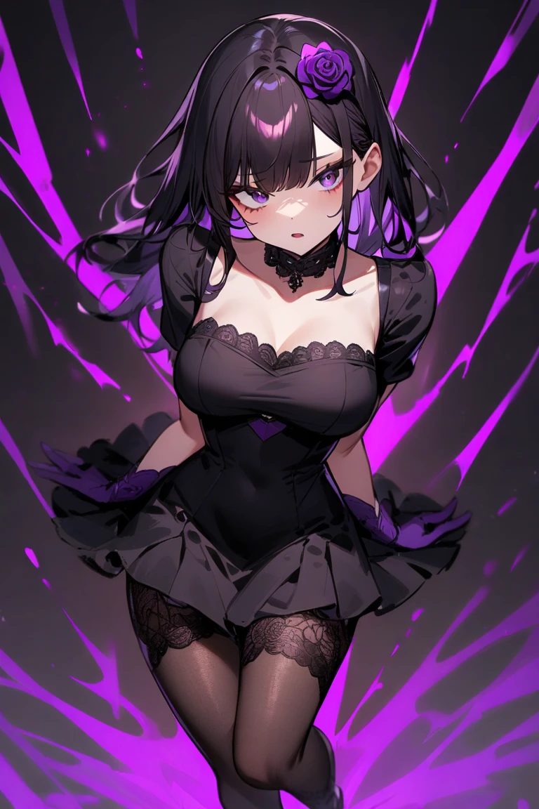 He has jet black hair, short and a little messy, with bangs that frame his pale face. Her large, expressive eyes are an intense blue color that contrasts with her light skin.. Dress in a modern gothic style, using mainly dark colors and red and purple details. Her clothes usually include tight dresses, fishnet stockings and platform boots. , This character has a voluptuous complexion, with pronounced curves and an hourglass figure that adds an air of confidence and sensuality to her presence. His attitude is lively and playful., always full of energy and with a mischievous sense of humor.*