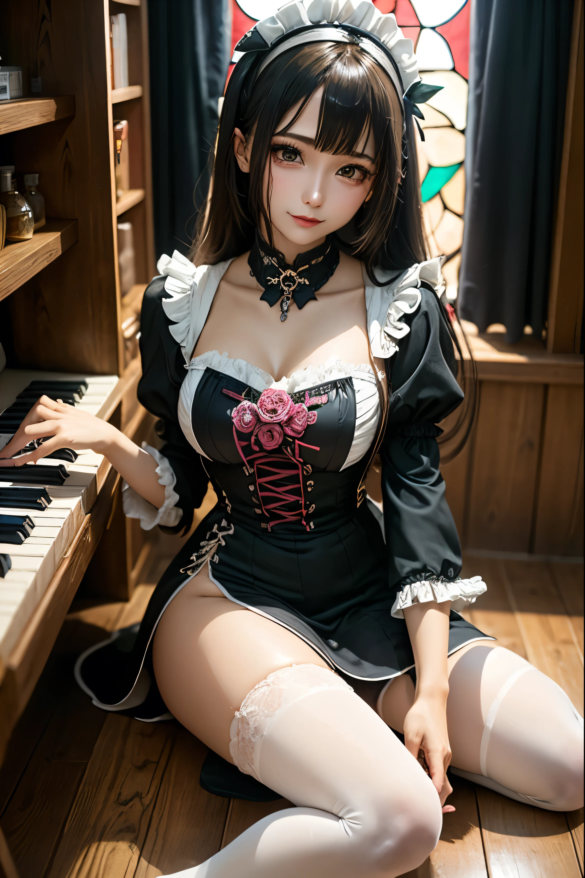 very cute and beautiful girl,(highly detailed beautiful face), (smile),blush,black hair,looking at viewer,(floral pattern blue ta dress with detailed frills),detailed lace, sitting,spread legs,arms behind back,(laced white panties), altar,church,indoors, (best quality,masterpiece:1.0),absurdres,highres,ultra-detailed,extremely detailed,32k,8k resolution, intricate details,cinematic scene,detailed background,solo,dynamic angle,