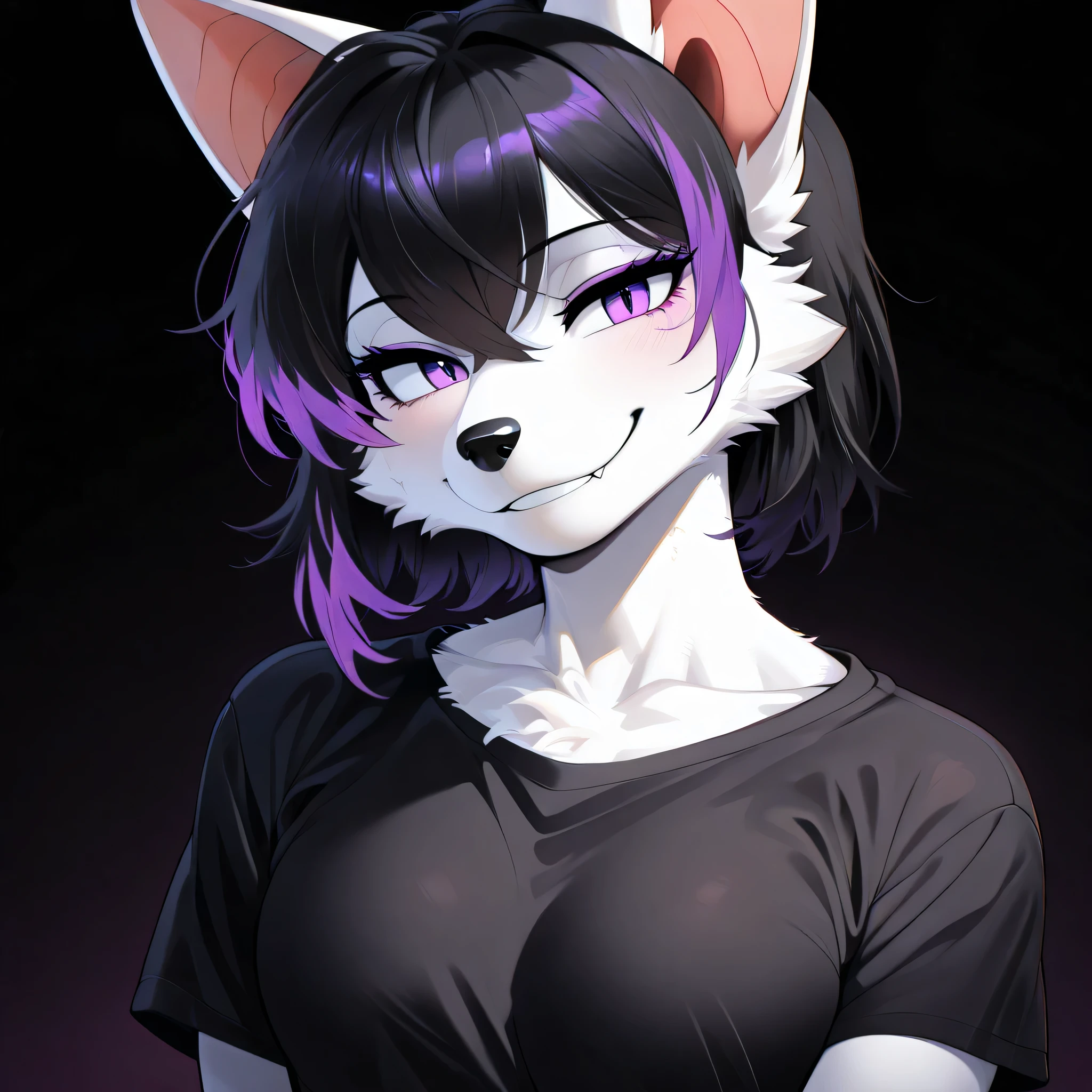 masterpiece, best quality, anime shading, centered, anthro, furry, fox female, ((white fox)), ((bat ears:1.5)), vivid purple eyes, white fur, white skin, ((shoulder length black hair with purple highlights)), ((smiling)), ((wearing a solid black shirt)), score_9_up, score_8_up, score_7_up, score_6_up, score_5_up, score_4_up, ((Dark Background)), ((close up)), ((three-quarters view))