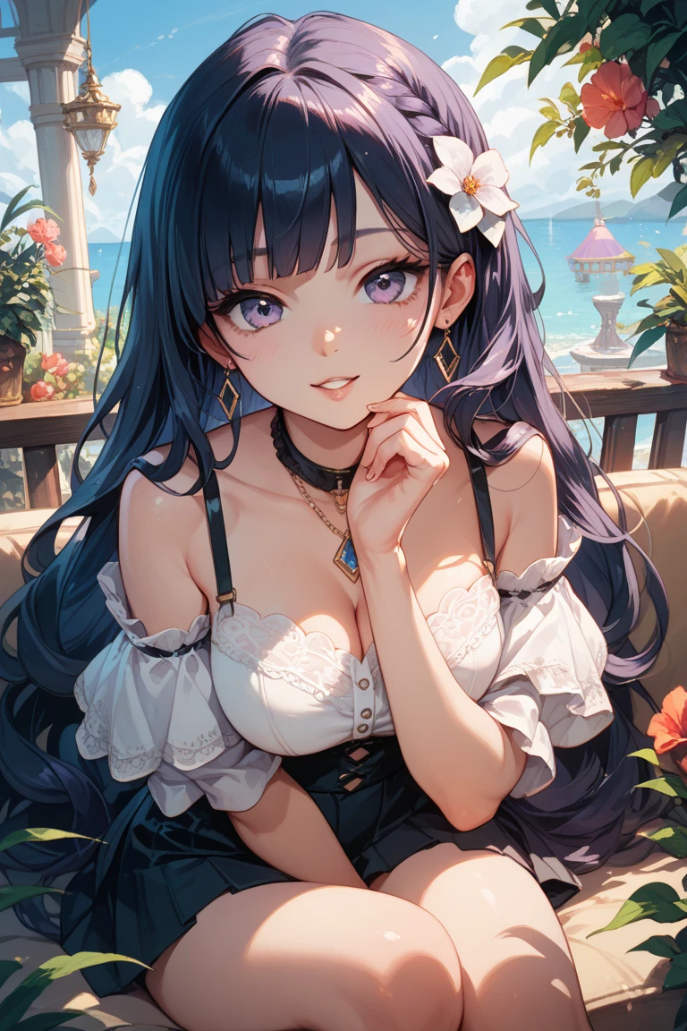 masterpiece), (highest quality), (illustration), (super detailed), (high resolution), absurdity, 1girl,aether,genshin impact,long hair,wavy hair,ponytail,criss-cross halter,patterned bikini,long hair,hair flower,blush,beachyokozuwari,looking at viewer,bare feet,blush,shy smile,spoken heart