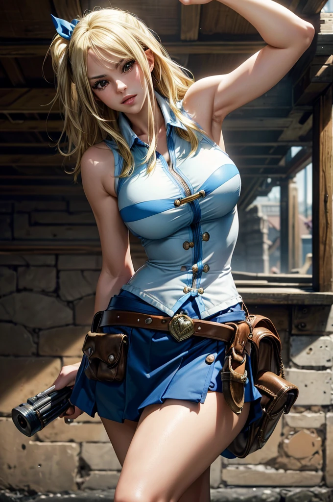 masterpiece, highest quality, Super detailed, Excellent anatomy, Perfect Anatomy,(Cowboy Shot,View your viewers,Low - Angle,:1.35),Attractive body,Big Breasts,One Girl,solo,Naughty Eyes,Smile,(lush long blonde hair、Blue Eyes、), female police officer's blue uniform,A shirt with a wide open chest,police_cap,((Tight mini skirt,Big Breasts)),road,Shiny skin,Fits perfectly to the skin,Black high heels, so beautiful, Sexy shot、