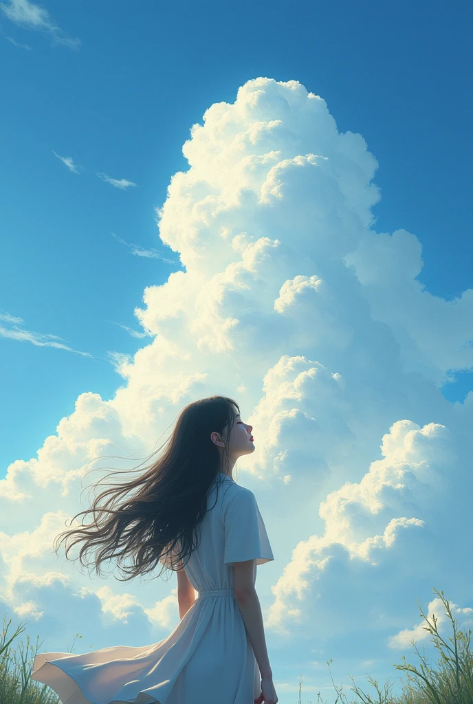 Vast landscape photo, girl standing up at the sky, clouds, buildings, countryside,
