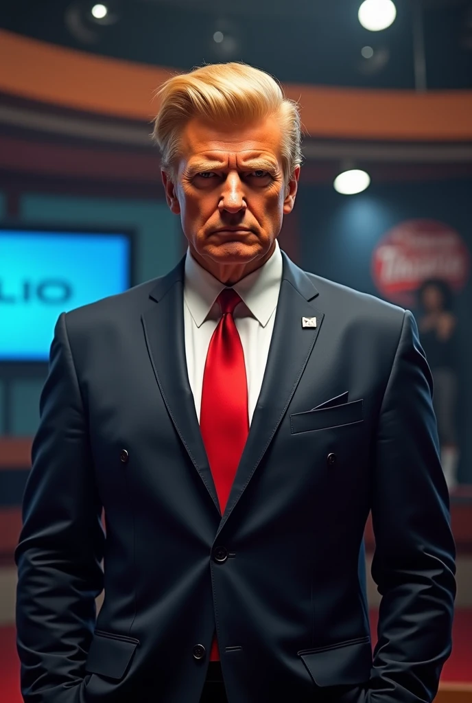 A dramatic and intense Hollywood action movie poster featuring a fictional scene with Mr. Johnson as Donald Trump. He is on stage giving a passionate political speech, wearing a sharp business suit and a distinctive red tie. Suddenly, a bullet hits him in the ear, creating a shocking and powerful visual impact. The background is filled with silhouettes of ominous figures, hiding in the shadows, ready to strike.
