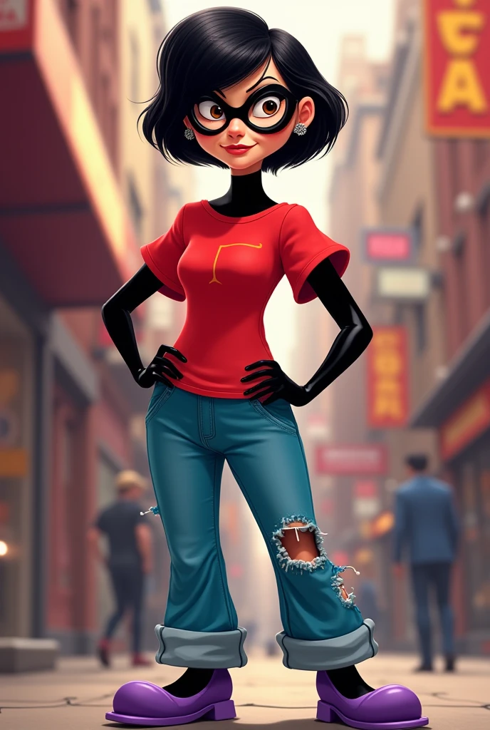 Edna from The Incredibles, With red t-shirt, blue pants with broken knees and purple shoes 