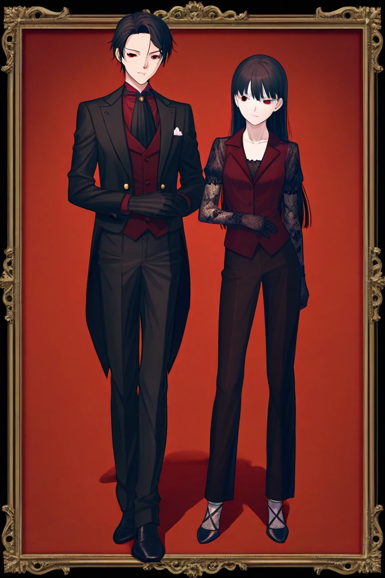 masterpiece, best quality, noir style adult woman, best quality, pale skin, bright red eyes, short black hair arranged, short air, arranged, straight hair, black suit, white shirt tucked in, dark red tie, friendly look, side look, eyes looking ahead. mischievous smile, adult woman. hands in pockets, adult woman, malice.
