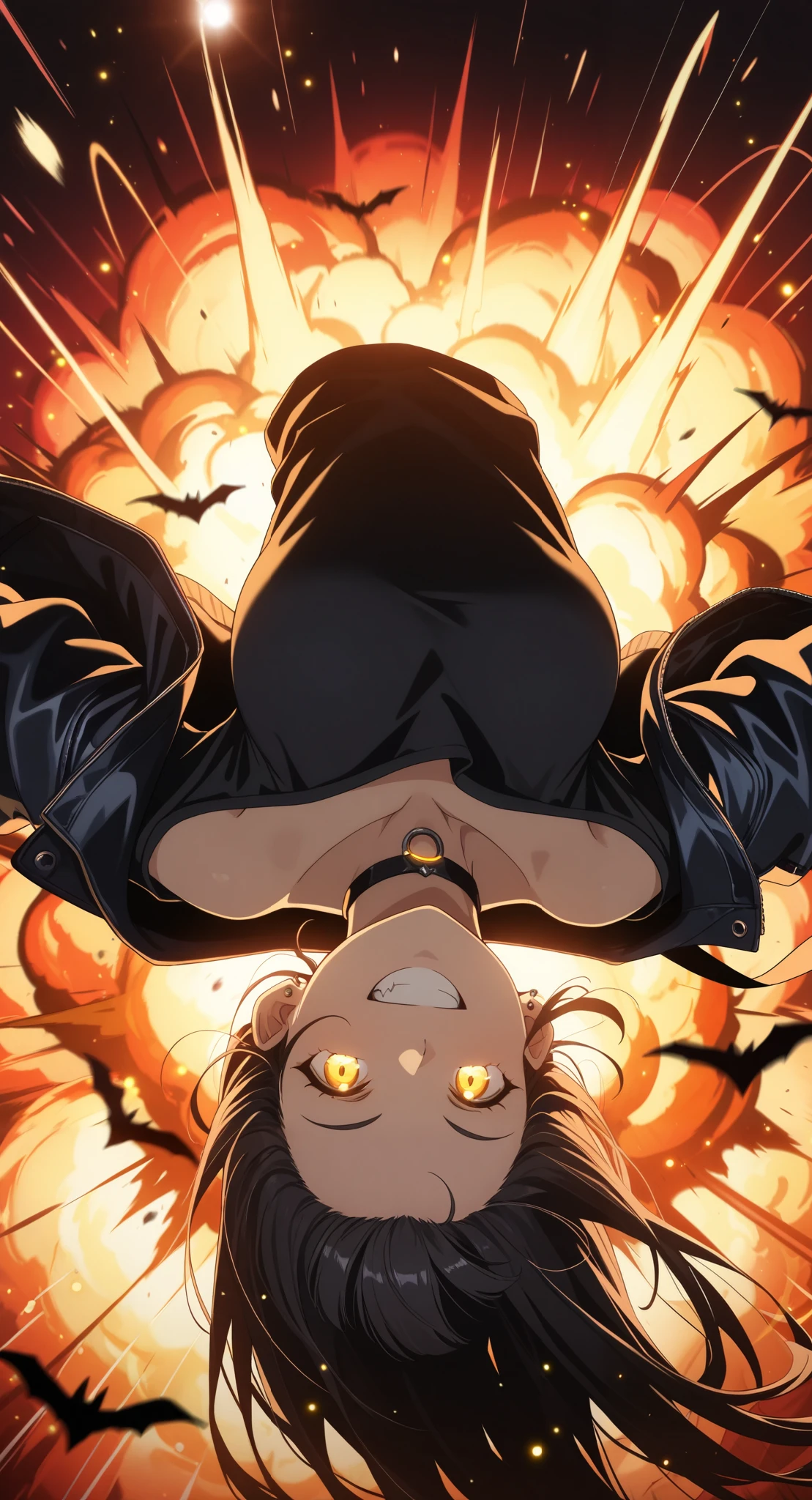 (masterpiece:1.4), (anime-style action:1.3), (energy aura:1.5), (glowing particles:1.4), (motion blur:1.3), (dynamic pose:1.3), (speed lines:1.2), (high contrast:1.3), (cinematic action lighting:1.4), (epic explosion:1.5), (lens flare:1.2), (sharp details:1.3), upside-down, black choker, shirt, off-shoulder shirt, solo, forehead, grin, 1girl, earrings, red background, choker, collarbone, looking at viewer, off shoulder, long hair, black shirt, smile, bat \(animal\), yellow eyes, bare shoulders, black hair, jewelry, jacket, upper body, bangs pinned back