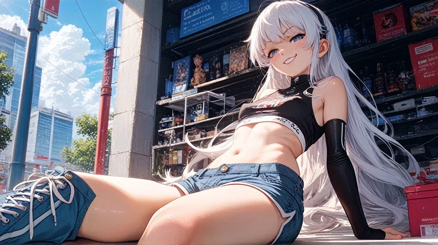 1girl, Top view、((On the balcony)), The girl bends forward to show off her breasts、legs apart, (Blonde), (shiny white skin:1.6)、Glowing Eyes, ((evil grin)), (5 years old girl), Multicolored Hair、Cap, pink rip, ((((Long sleeveless shirt)), Black Bra、Wide Cargo Pants、((Panties with horizontal stripes)), (small breasts), (jewelry))),  (crotch), ((I'm wearing sneakers)), 