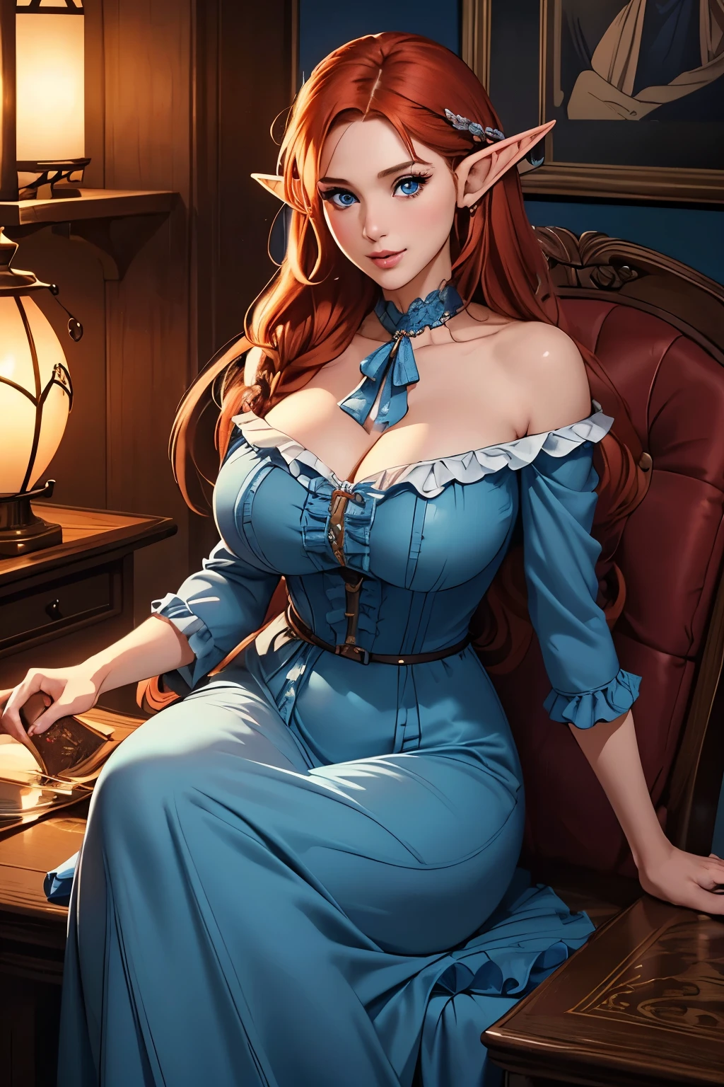 Beautiful Farmer with Braids . (( Redheaded Woman, mature adult woman , mature MILF's face , long hair , pointy ears , elf ear)), Perfectly round face . cute and charming face , big lips , beautiful and voluptuous , charming beauty , (( soft expression on the face )), ((Beautiful big, detailed blue eyes )), curly curly , long legs (( Dark Blue Dress with Ruffles, mature adult woman , adult milf face, modest dress, very high neckline)) ( detailed high )), official art , Award-winning digital painting , digital illustration , extreme details, 4K, Ultra HD, rococo, polished, intricate, realistic fantasy art , sharp focus, conceptual artwork , arte por wlop, germ of art, ( 2D vector illustration ) light, airy, hourglass shaped body . ellie bamber