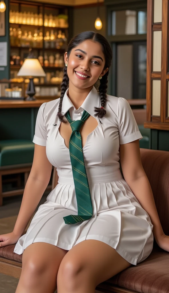Make it real, realistic, savita bhabhi, curvy body, in school uniform, cosplay, student cosplay, white shirt, green pant, red tie, perfect boobs, holding a book, double pony tail, eating pencil, sexy cleavage