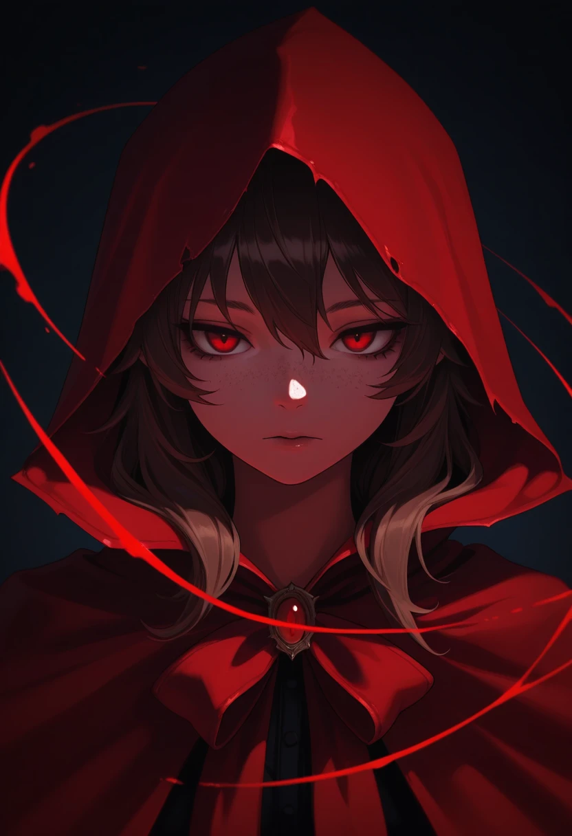 Brunette color hair，Black hooded cape，Red pupils，Delicate facial features，Red decoration，Dark Wind，masterpiece
