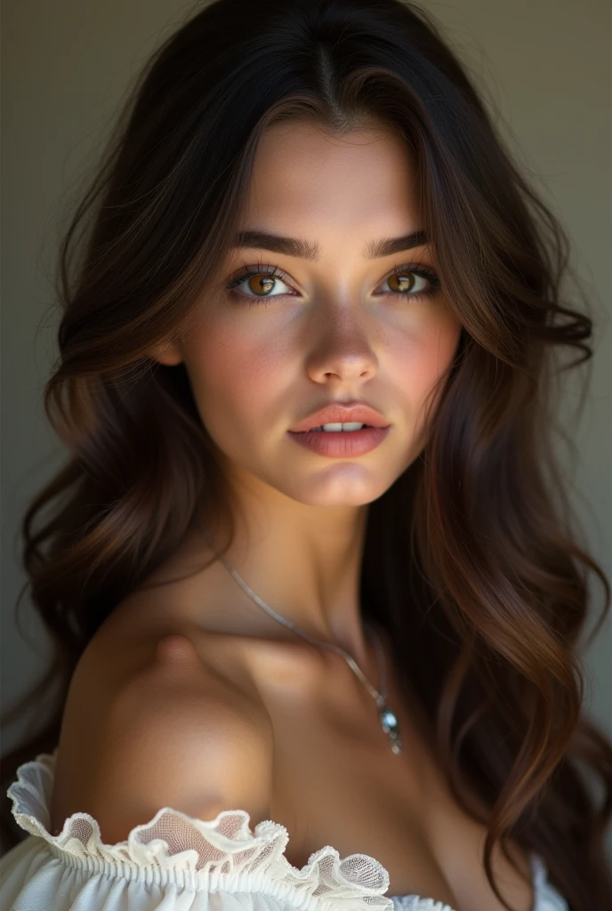 a young woman with long wavy hair, beautiful blue eyes, serene expression, looking directly at the camera, highly detailed portrait, oil painting, exquisite brushstrokes, warm lighting, glowing skin, hyper realistic, cinematic composition, dramatic chiaroscuro, moody color palette
