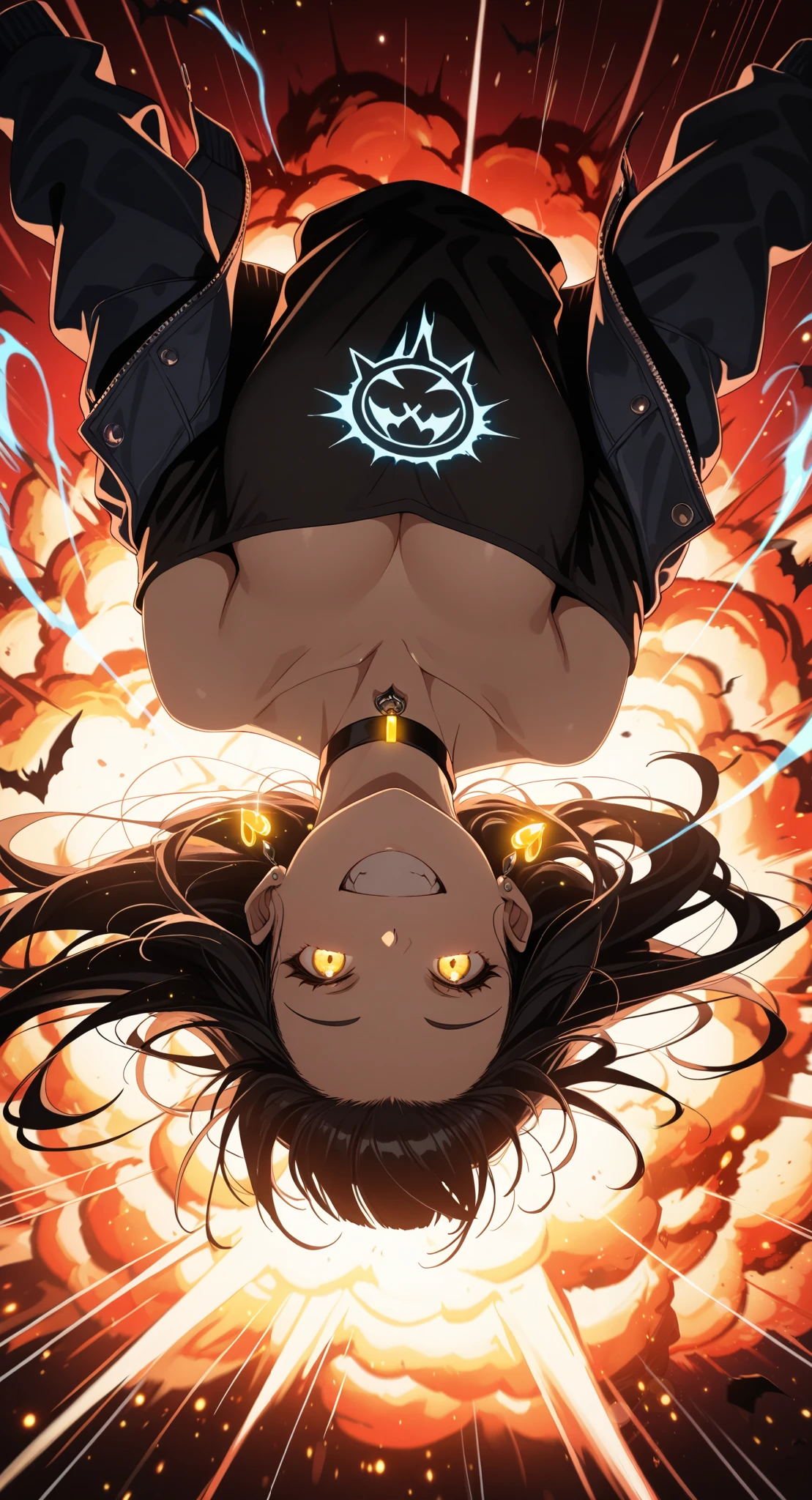 (masterpiece:1.4), (anime-style action:1.3), (energy aura:1.5), (glowing particles:1.4), (motion blur:1.3), (dynamic pose:1.3), (speed lines:1.2), (high contrast:1.3), (cinematic action lighting:1.4), (epic explosion:1.5), (lens flare:1.2), (sharp details:1.3), upside-down, black choker, shirt, off-shoulder shirt, solo, forehead, grin, 1girl, earrings, red background, choker, collarbone, looking at viewer, off shoulder, long hair, black shirt, smile, bat \(animal\), yellow eyes, bare shoulders, black hair, jewelry, jacket, upper body, bangs pinned back