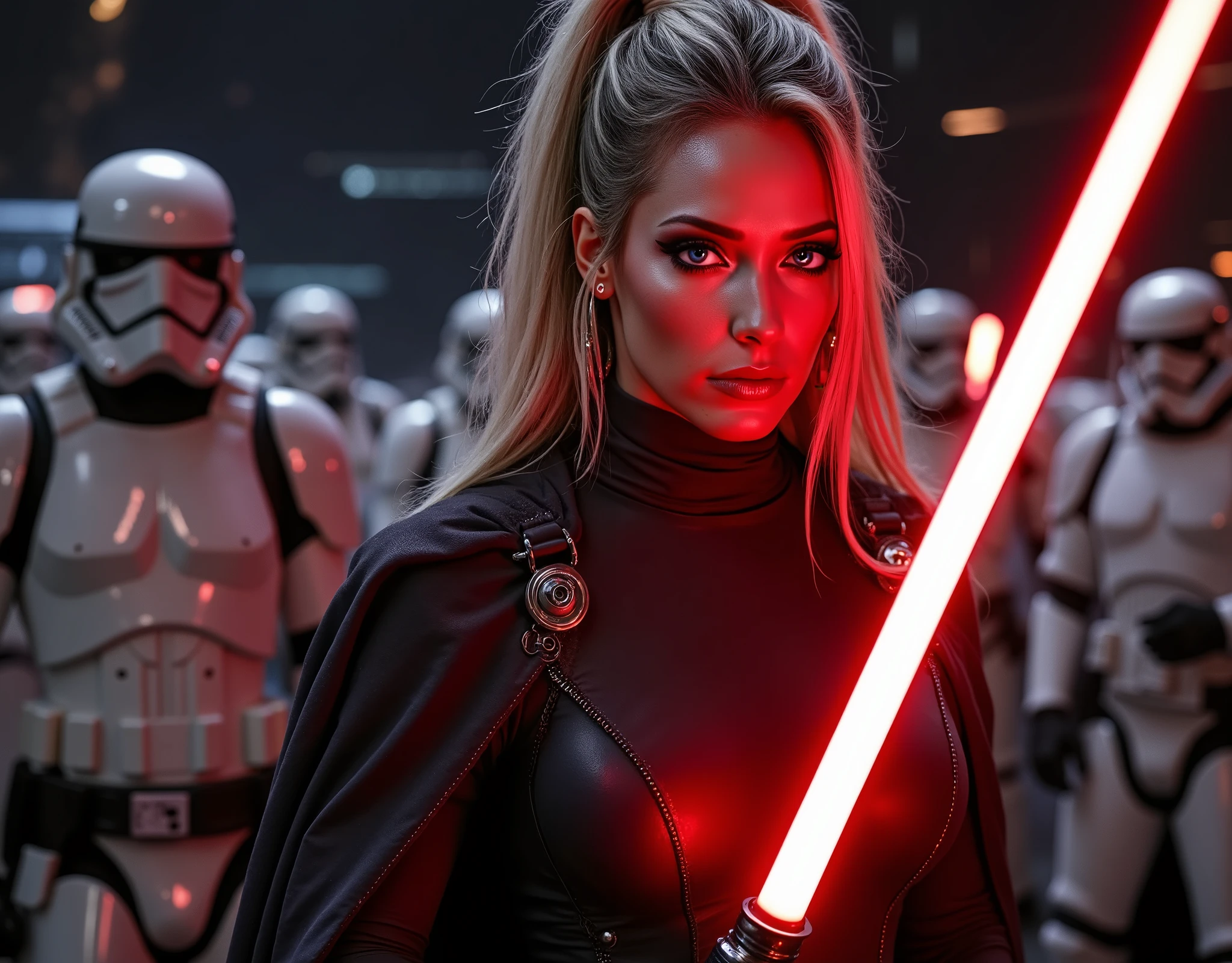 Helene Hendriks as a Mara Jade Skywalker with perfect eyes with blonde hair, dressed in tight leather turtleneck combat outfit with pauldrons, using a red lightsaber, a hooded cape, strong seductive makeup, bedroom eyes, evil smirk, arrogant smirk, cinematic lighting, photorealism, background: on a sci-fi battelfield with a legion of stormtroopers standing shoulder to shoulder far behind her, blurry background, night time with stars, dark blurry background with red glow,