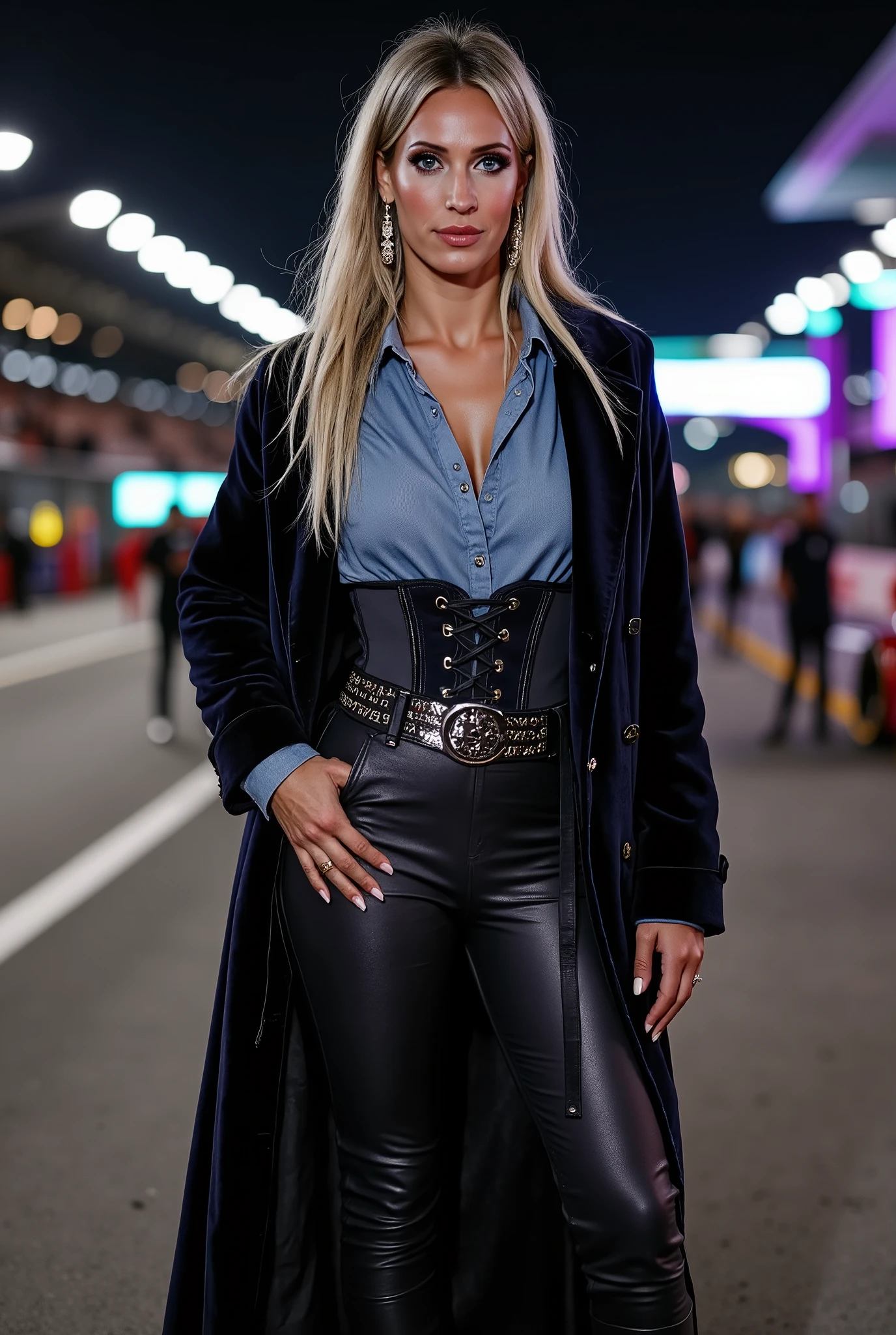 Helene Hendriks, Create an image of a blonde woman wearing a blue denim shirt paired with a tight corset with lacing and black leather pants, long fur coat, buckled belt . knee high boots with front laces, she is posing in the pitlane of an formula one race, night, neon lights, Miami Street Circuit, background glow,