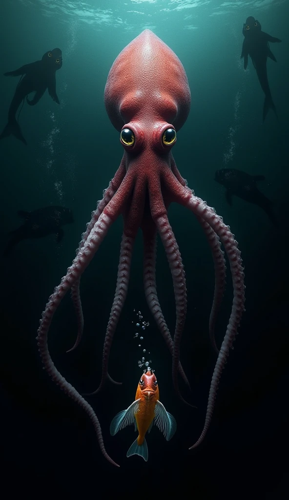 Giant octopus lying on an old couch with multiple eyes, fractal tentacles, smooth and shiny colored skin, many filled gemstones and all kinds of jumble backgrounds, intricate and very detailed