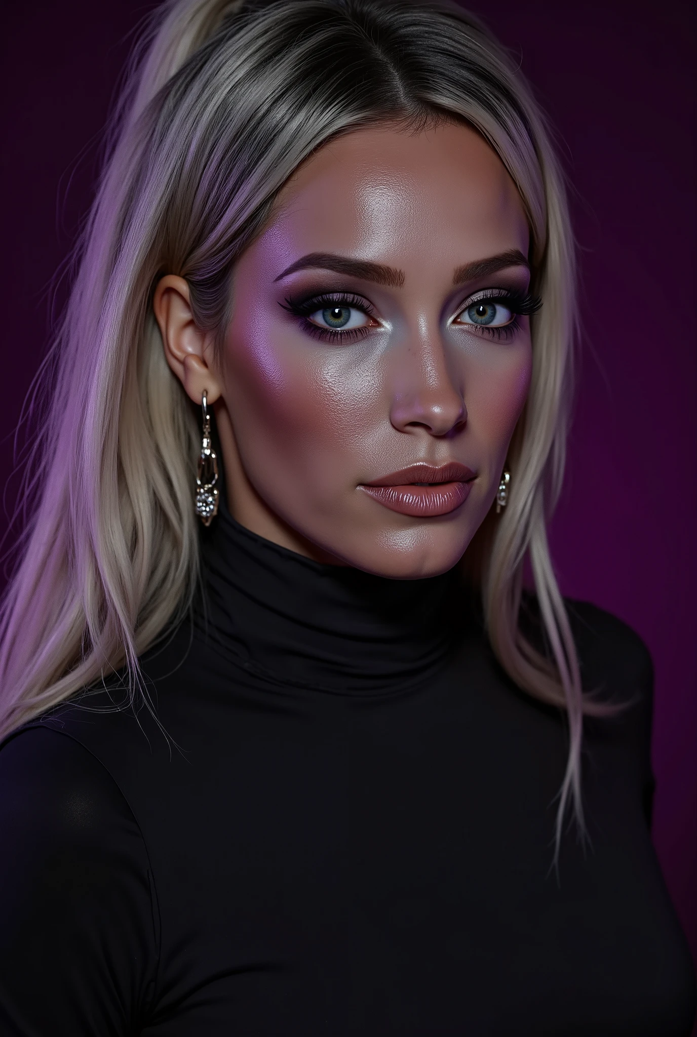 Helene Hendriks, (masterpiece, best quality:1.2), 1girl, solo, woman, mid body image, (makeup:1.4), beautiful smile, turtleneck latex outfit, zipper, highly detailed fur, natural skin texture, 4k textures, Highly detailed perfect , Lightroom, Intricate, Ultra-Realistic, Out There, (HDR:1.3), UHD, (Intricate Detail, Hyper-Detailed:1.1), Cinematic, Photoreal, (Dark Shot:1.2), Dramatic, High Contrast, (Warm Color:1.1) , muted colors, master piece, elegant, sharp focus, looking at the viewer, black to purple gradient background, solid dark black with purple gradient background, neutral studio background