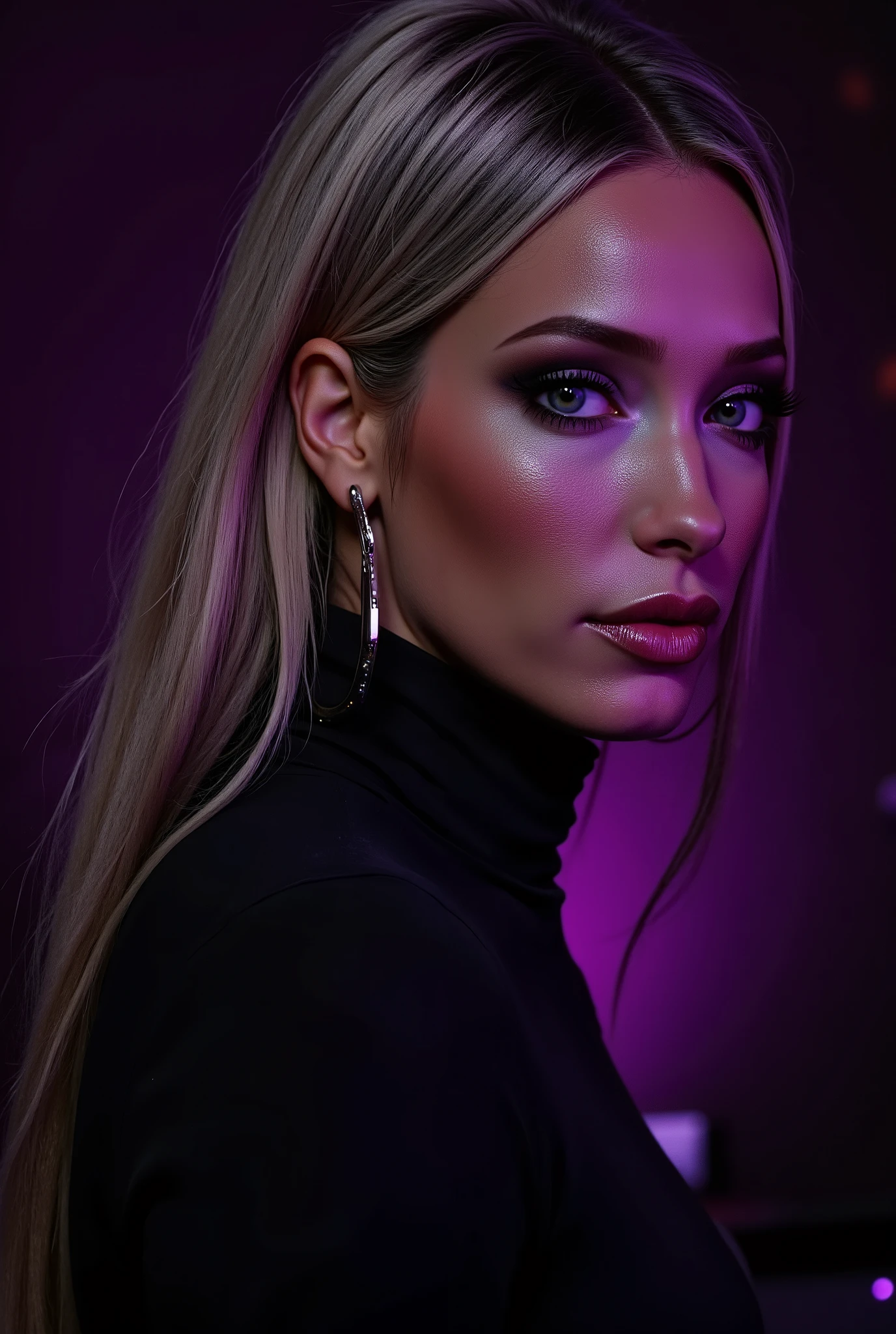 Helene Hendriks, (masterpiece, best quality:1.2), 1girl, solo, woman, mid body image, (makeup:1.4), beautiful smile, turtleneck latex outfit, zipper, highly detailed fur, natural skin texture, 4k textures, Highly detailed perfect , Lightroom, Intricate, Ultra-Realistic, Out There, (HDR:1.3), UHD, (Intricate Detail, Hyper-Detailed:1.1), Cinematic, Photoreal, (Dark Shot:1.2), Dramatic, High Contrast, (Warm Color:1.1) , muted colors, master piece, elegant, sharp focus, looking at the viewer, black to purple gradient background, solid dark black with purple gradient background, neutral studio background