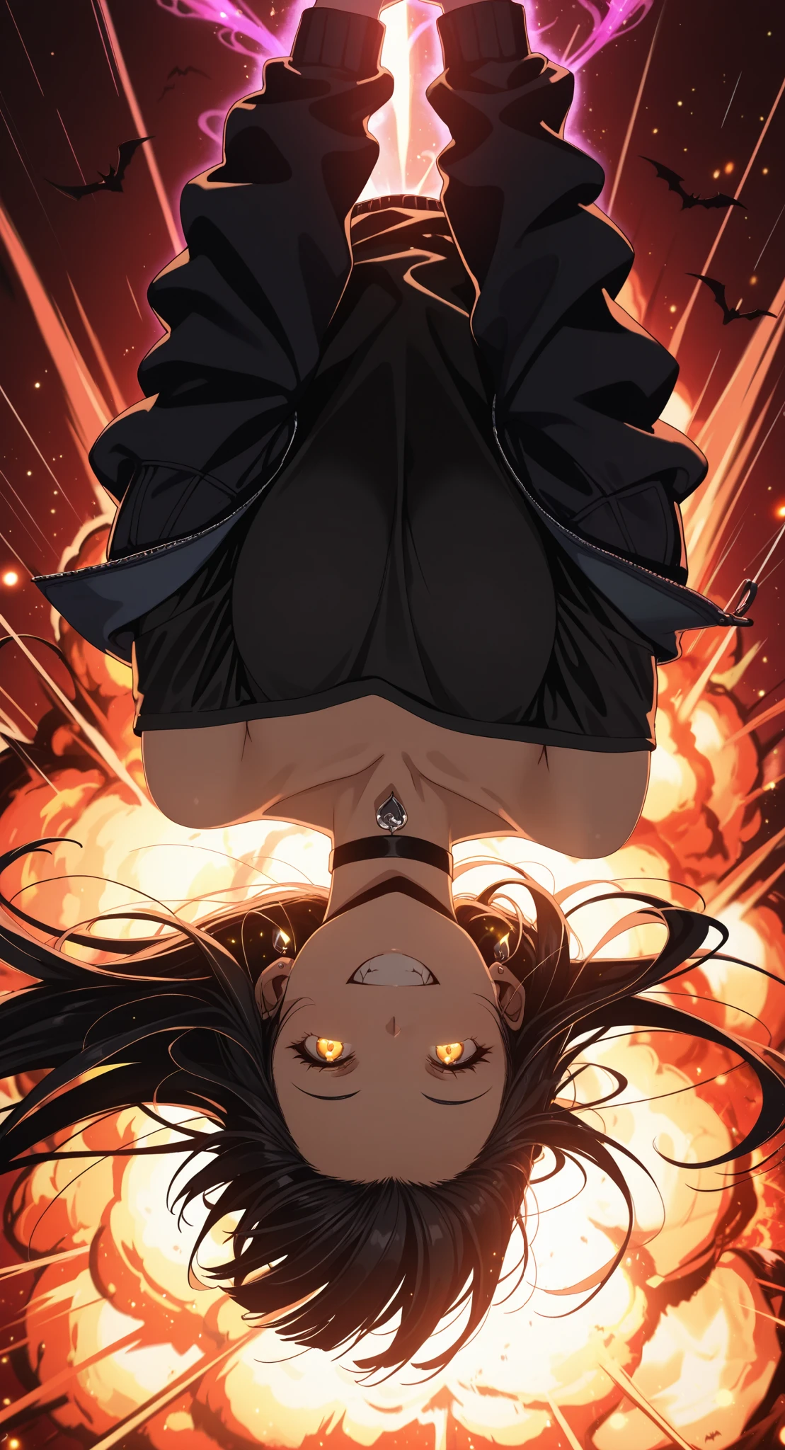 (masterpiece:1.4), (anime-style action:1.3), (energy aura:1.5), (glowing particles:1.4), (motion blur:1.3), (dynamic pose:1.3), (speed lines:1.2), (high contrast:1.3), (cinematic action lighting:1.4), (epic explosion:1.5), (lens flare:1.2), (sharp details:1.3), upside-down, black choker, shirt, off-shoulder shirt, solo, forehead, grin, 1girl, earrings, red background, choker, collarbone, looking at viewer, off shoulder, long hair, black shirt, smile, bat \(animal\), yellow eyes, bare shoulders, black hair, jewelry, jacket, upper body, bangs pinned back