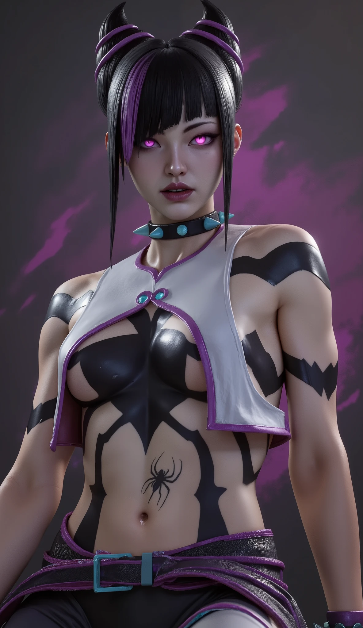 ? street fighter 75294
? street fighter 6 14940
Character
? juri han 11681
Artist
? wallace pires 34
General
? asymmetrical bangs 4028
? baggy pants 806
? belt 71056
? black pants 13083
? breast curtains 2450
? breast tattoo 4259
? breasts 4860861
? chest tattoo 6612
? collar 339557
? ear piercing 182030
? female 5795638
? glowing 67688
? glowing eye 851
? hair horns 827
? hair over one eye 98432
? linea alba 1836
? lipstick 239456
? looking at viewer 1885070
? makeup 200853
? medium breasts 381731
? multicolored hair 181026
? multiple belts 212
? navel 833174
? no bra 169592
? pants 105870
? piercing 350722
? purple eyes 391558
? purple hair 415751
? purple lips 6134
? revealing clothes 62457
? short hair 928908
? sitting 460489
? solo 3034570
? spider tattoo 248
? spiked collar 30702
? spikes 62249
? streaked hair 23095
? tattoo 216629
? toned 65093