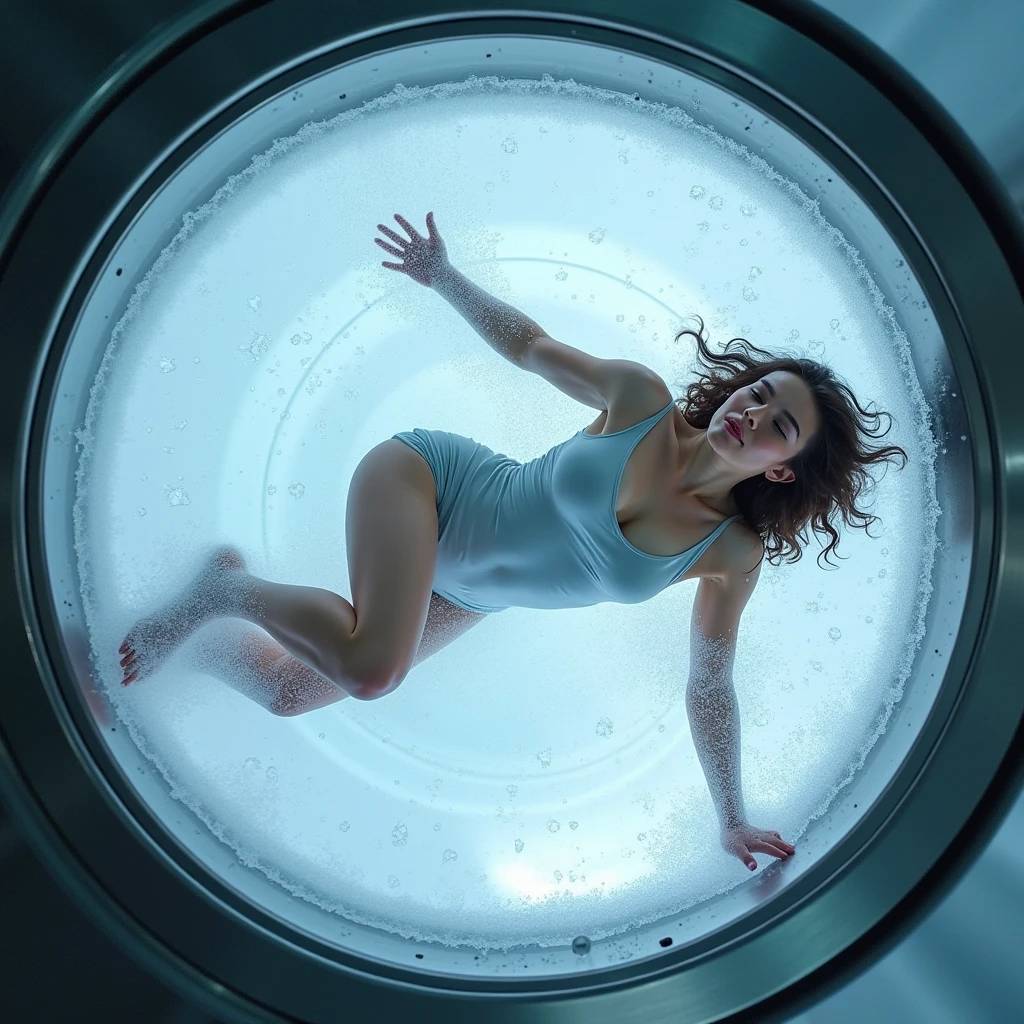 overhead shot of nude woman floating in round steel cryogenic vat, cryogenic deep freeze, extremely realistic, extremely detailed, sexy, gorgeous, beautiful, erotic, demolition man influenced, test subject, experiment, cryoprison, round steel cryogenic vat, overhead view, frost on glass, frozen for decades, Indian features, extreme realism, extreme detail, complex, elaborate, cryostasis, deep freeze, scene from science fiction film, 4k ultra HD, suspended animation, legs spread, legs apart, reaching out, legs bent, screaming, hand reaching towards glass lid, frost on glass lid, frozen expression, frozen scream, scared expression, floating on back, hi-tech cryogenic laboratory setting, steel vat, cinematic, palm of right hand touching glass lid, strong, specimen of humanity, arms apart