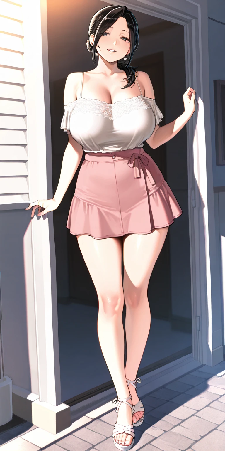 Belle, very tiny miniskirt, Black sheer pantyhose, high heels, smilin, Lifting her very tiny miniskirt, sun shiny day
