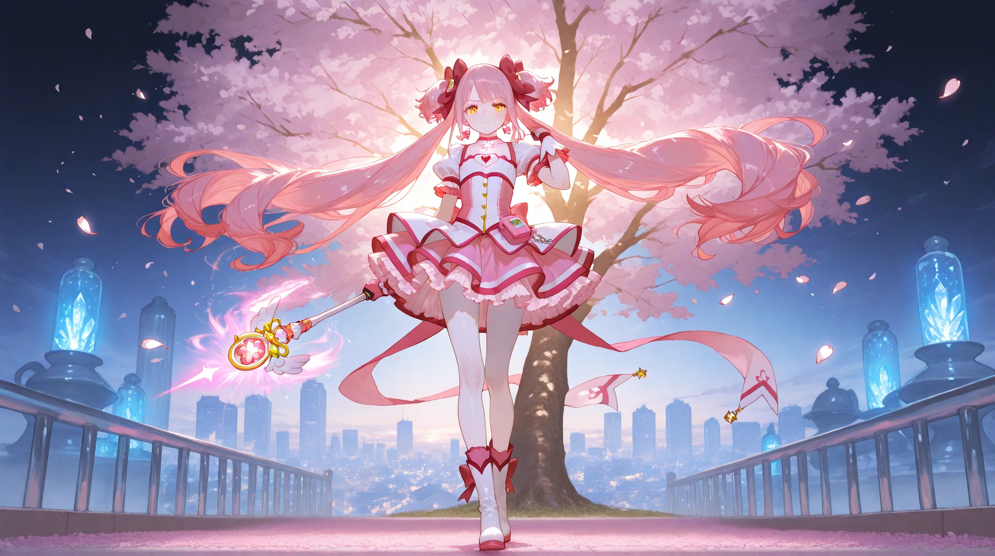 photoRealstic,She is a magical girl、Magic wand and magical creatures、Fight in the ruins of the city、Completely unbeatable cuteness、Cherry blossom petals