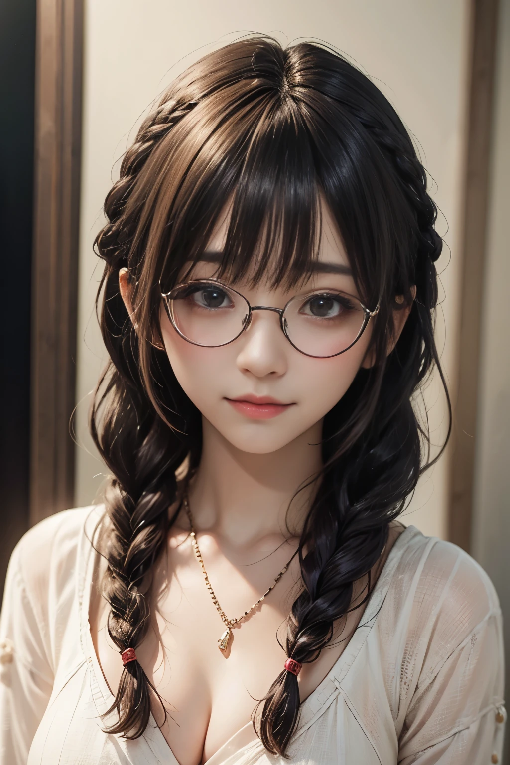 1 female,Brown Hair, ,((Anxious expression)),Beautiful breasts,stylish,,(look forward to)(((Blushing、Surprised expression)),(((Braiding))),((( Full body portrait)))Frameless Glasses、bangs