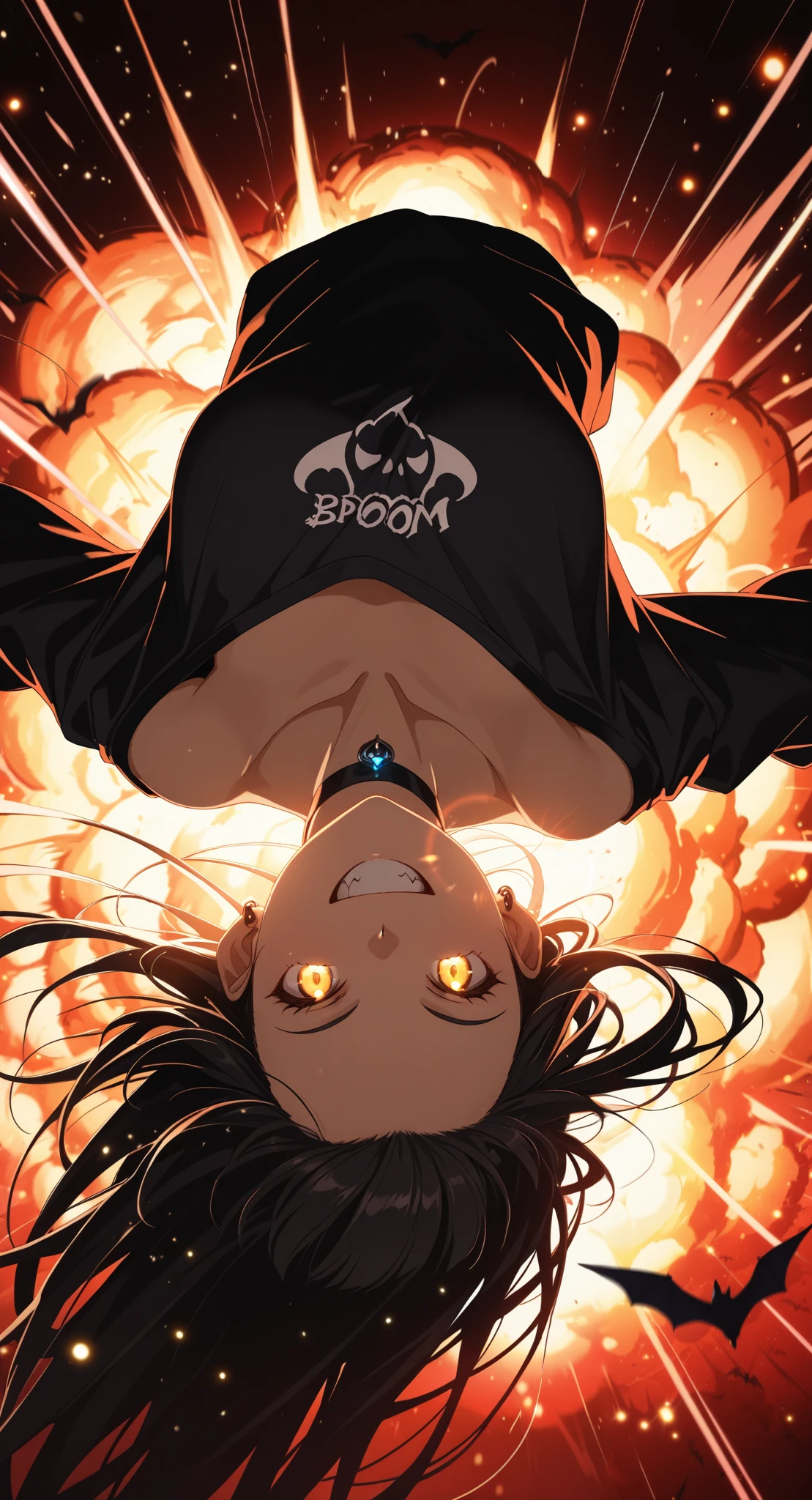 (masterpiece:1.4), (anime-style action:1.3), (energy aura:1.5), (glowing particles:1.4), (motion blur:1.3), (dynamic pose:1.3), (speed lines:1.2), (high contrast:1.3), (cinematic action lighting:1.4), (epic explosion:1.5), (lens flare:1.2), (sharp details:1.3), upside-down, black choker, shirt, off-shoulder shirt, solo, forehead, grin, 1girl, earrings, red background, choker, collarbone, looking at viewer, off shoulder, long hair, black shirt, smile, bat \(animal\), yellow eyes, bare shoulders, black hair, jewelry, jacket, upper body, bangs pinned back
