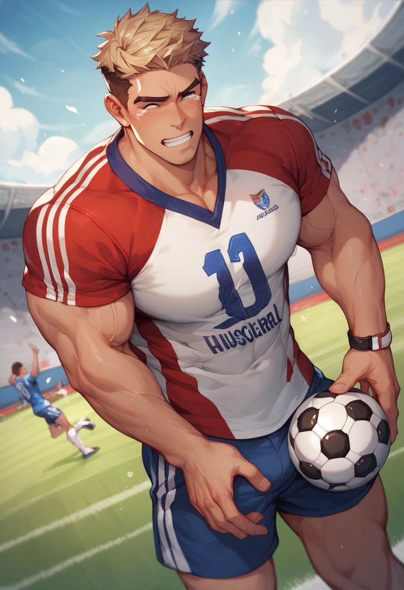 Male Alpha male, top, handsome, muscle body, sweating, soccer short bright red football, skating, little beard, gym, in dominant attitude, cock bulge