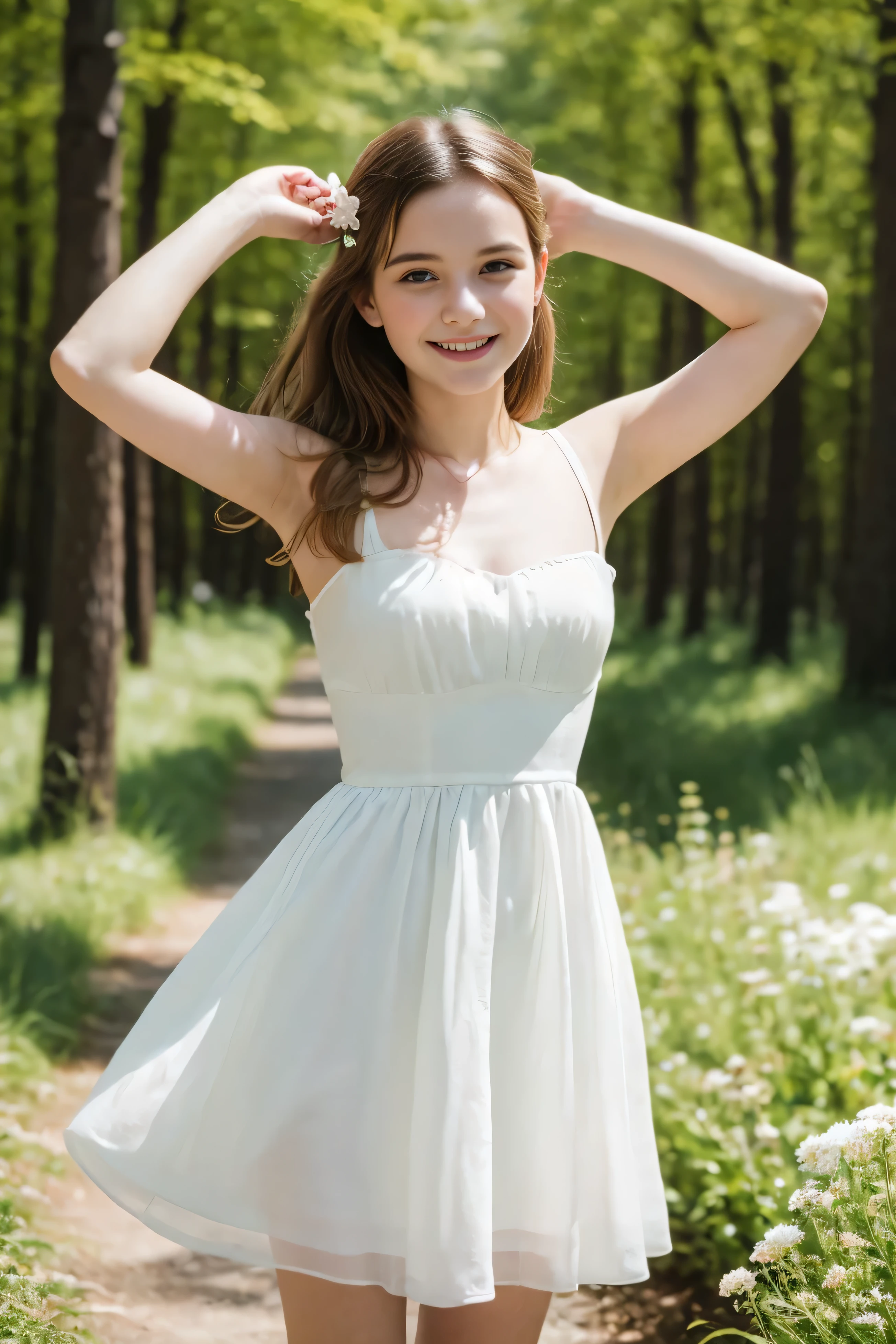 A girl smile with flowing golden hair and mesmerizing blue eyes, wearing an elegant white dress, standing in the midst of a vibrant garden filled with blooming flowers and lush greenery. The sunlight gently illuminates her delicate features, casting a soft glow on her flawless skin. She holds a delicate butterfly in her hand, while a gentle breeze swirls around her, causing the flowers to dance in harmony. The scene is captured in a breathtaking oil painting, with every detail meticulously crafted to create a masterpiece. The colors are vibrant and vivid, with a hint of ethereal pastel tones, giving the artwork a dreamlike quality. The lighting is soft and diffused, creating a serene and tranquil ambiance. The high-resolution image showcases the artist's impeccable skill, capturing every intricate detail with precision. The overall atmosphere exudes a sense of beauty, grace, and enchantment. The artwork is reminiscent of classical portraits, with a touch of fantasy and whimsy, evoking emotions of wonder and awe. Smile