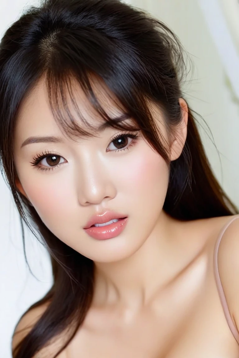 (Mouth open:1.6) (The eyes are narrowed:1.6) (She is facing forward:1.2) (Close up of her orgasmic face:1.5) (Professional photographer taking pictures with a single-lens reflex camera 8K) ((Her bangs are very neatly cut and reach down to her eyes.)) (Her hair is parted in the center) (Her hair is very shiny and glossy, Are you okay, thick, silky, And incredibly straight medium-long hair) ((highest quality)), ((masterpiece)), (Familiar), Perfect Face (Surreal photos by professional photographers) (She has a typical Japanese build and skin color., Her skin is very delicate and sensitive.、And such beautiful glowing skin) (Her face is long, Small eyes and small nose.、Narrow-mouthed And the most beautiful) (She is one of the most beautiful 18-year-old Japanese beauties..) (She has a professional and ladylike makeup:1.2 Lipstick is natural red The eyeliner is a beautiful black) (She is wearing a beautiful white silk dress. :1.2) (This is a luxury hotel room..) (And get used to it) (She is staring at your genitals with a naughty look on her face.:1.4) (Her face is so sensual and beautiful) double eyelid Beautiful woman:1.4 ((She is sitting upright)) Beautifully detailed face 8k, ,(Actual, Vibrant:1.4), 8k, Photorealistic, RAW Photos, Best image quality: 1.4) Pay attention to the details