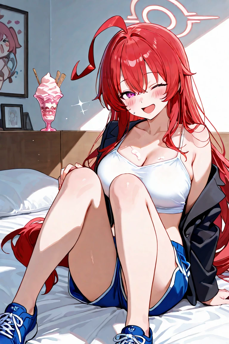 1girl, solo, long hair, looking at viewer, smile, bangs, thighhighs, navel, hair between eyes, twintails, sitting, closed mouth, underwear, ahoge, red hair, fang, black thighhighs, flat chest, orange eyes
