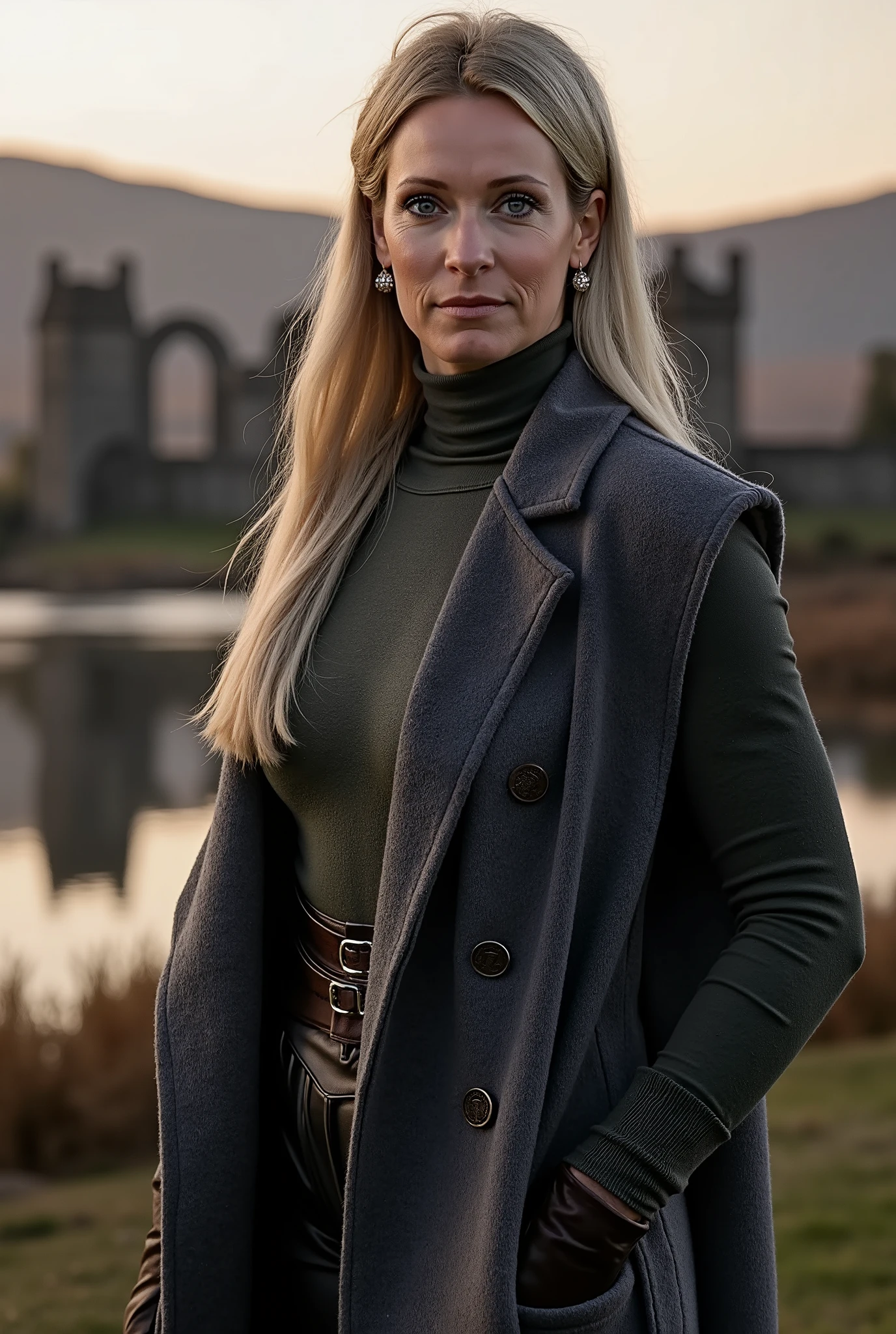 Helene Hendriks, woman, blonde hair, blue eyes, she wears leather shirt with a long wool sweater and pvc leggings:1.2),background landscape of Scotland Loch and Scottish castle ruins, (in sunset light:1.2),