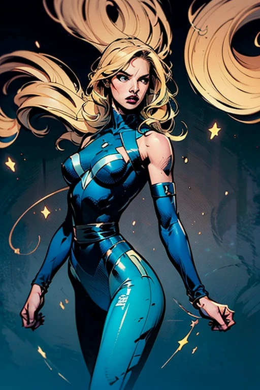 High quality, comics style,retro futurism woman,fashion style,blonde long hair, beautiful face,long eyelashes,cleavage,tight látex suit