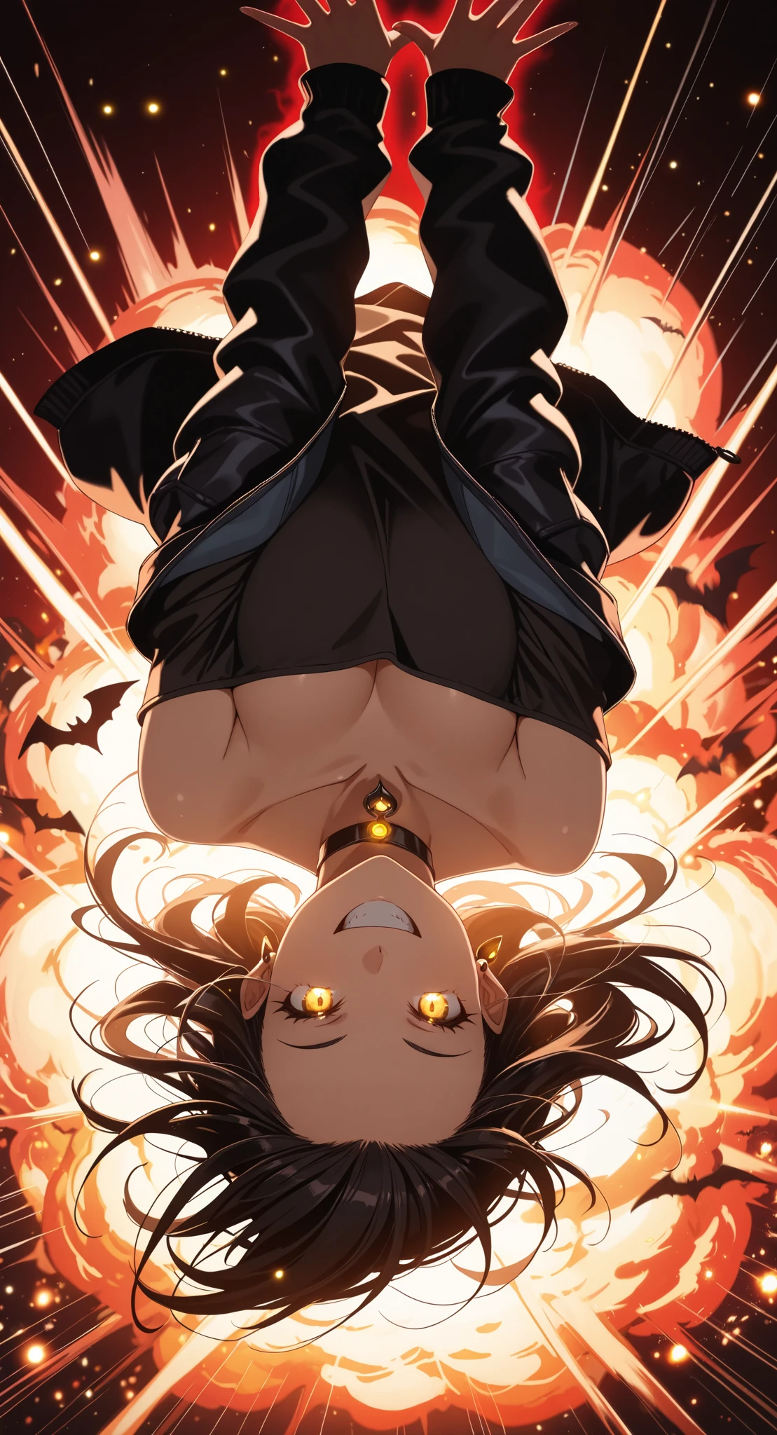 (masterpiece:1.4), (anime-style action:1.3), (energy aura:1.5), (glowing particles:1.4), (motion blur:1.3), (dynamic pose:1.3), (speed lines:1.2), (high contrast:1.3), (cinematic action lighting:1.4), (epic explosion:1.5), (lens flare:1.2), (sharp details:1.3), upside-down, black choker, shirt, off-shoulder shirt, solo, forehead, grin, 1girl, earrings, red background, choker, collarbone, looking at viewer, off shoulder, long hair, black shirt, smile, bat \(animal\), yellow eyes, bare shoulders, black hair, jewelry, jacket, upper body, bangs pinned back